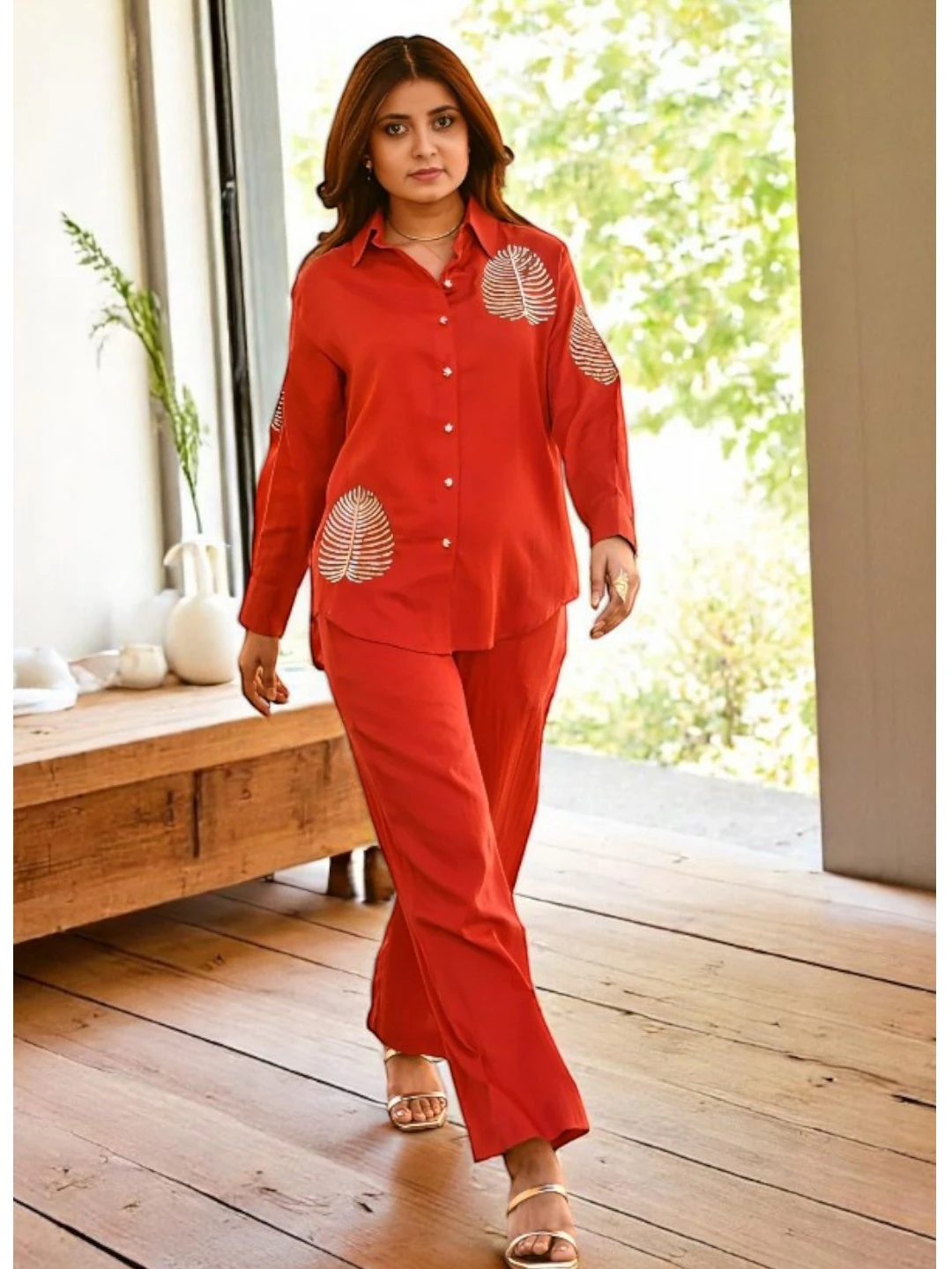 Red Embroidered Cotton Co-Ord Set