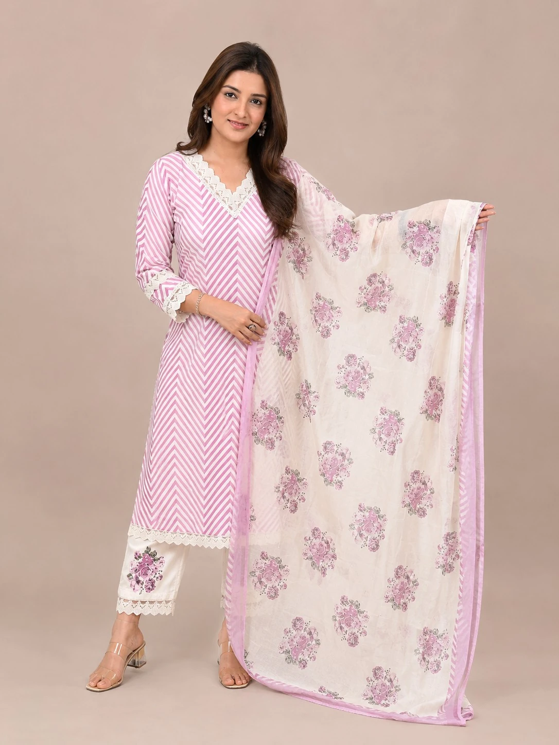 Lavender Printed Pure Cotton Kurta Set with Dupatta