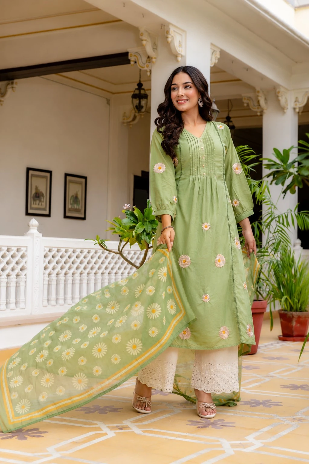 Green Printed Pure Cotton Kurta Set with Dupatta