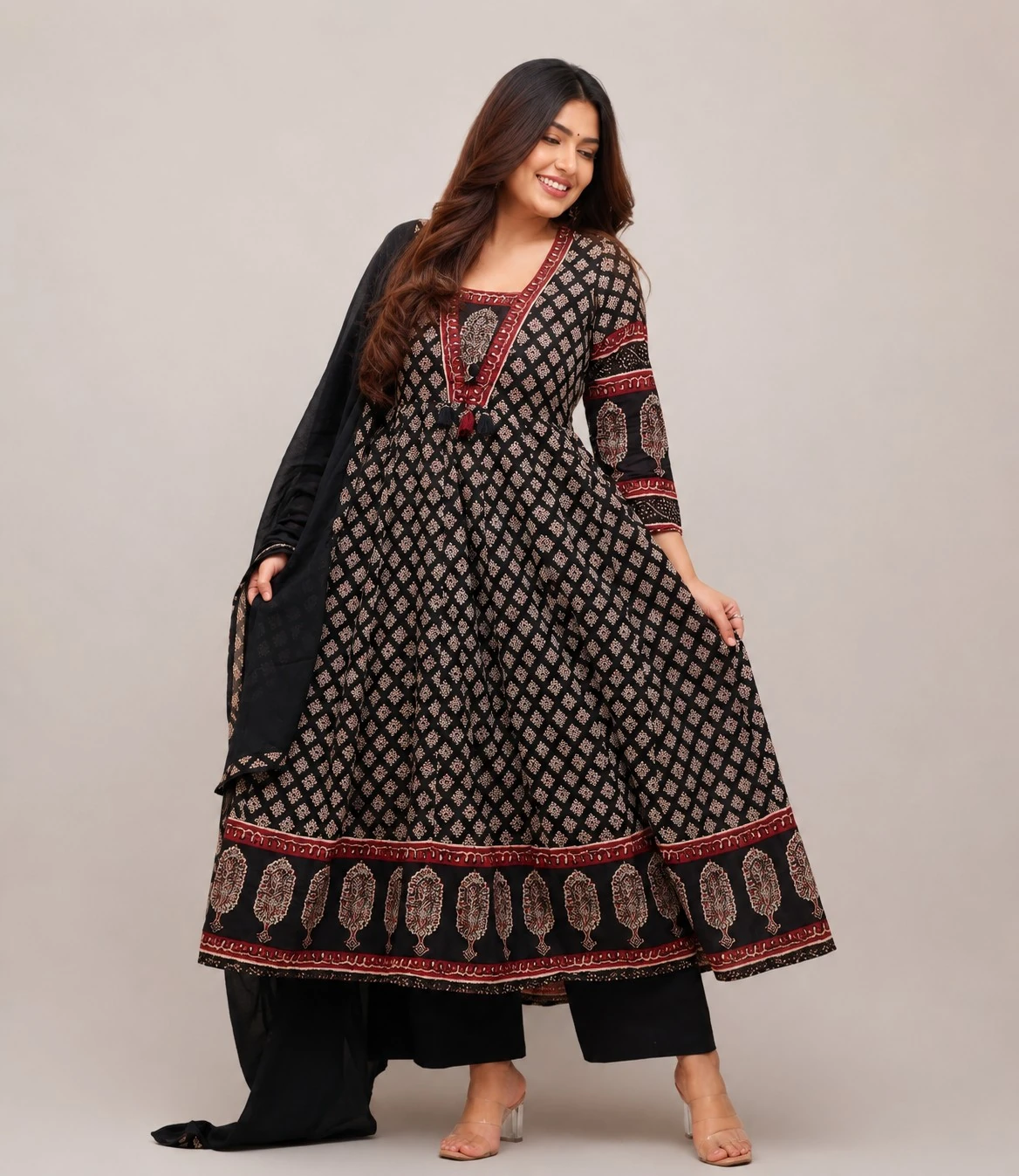 Black Printed Pure Cotton Kurta Set with Dupatta