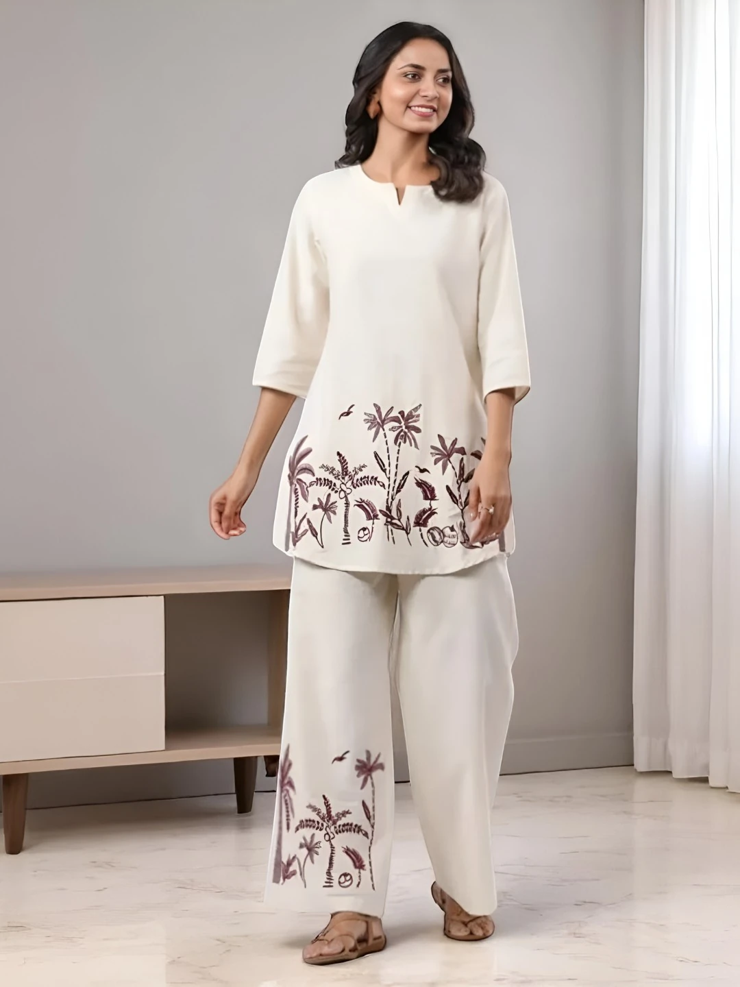 White Printed Cotton Tunic and Trouser Co-Ord Set