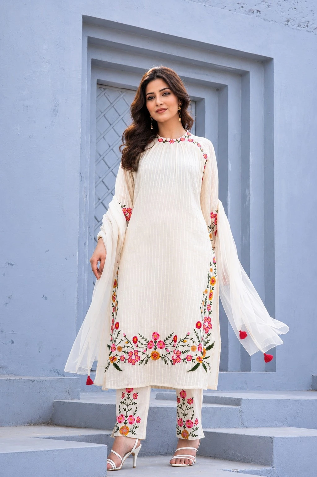 White Printed Pure Cotton Kurta Set with Dupatta