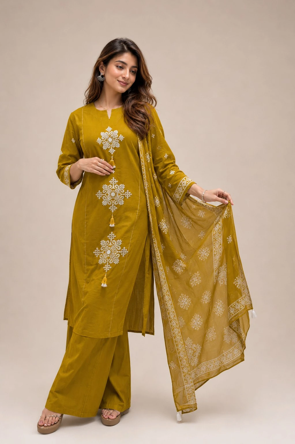 Yellow Printed Pure Cotton Kurta Set with Dupatta