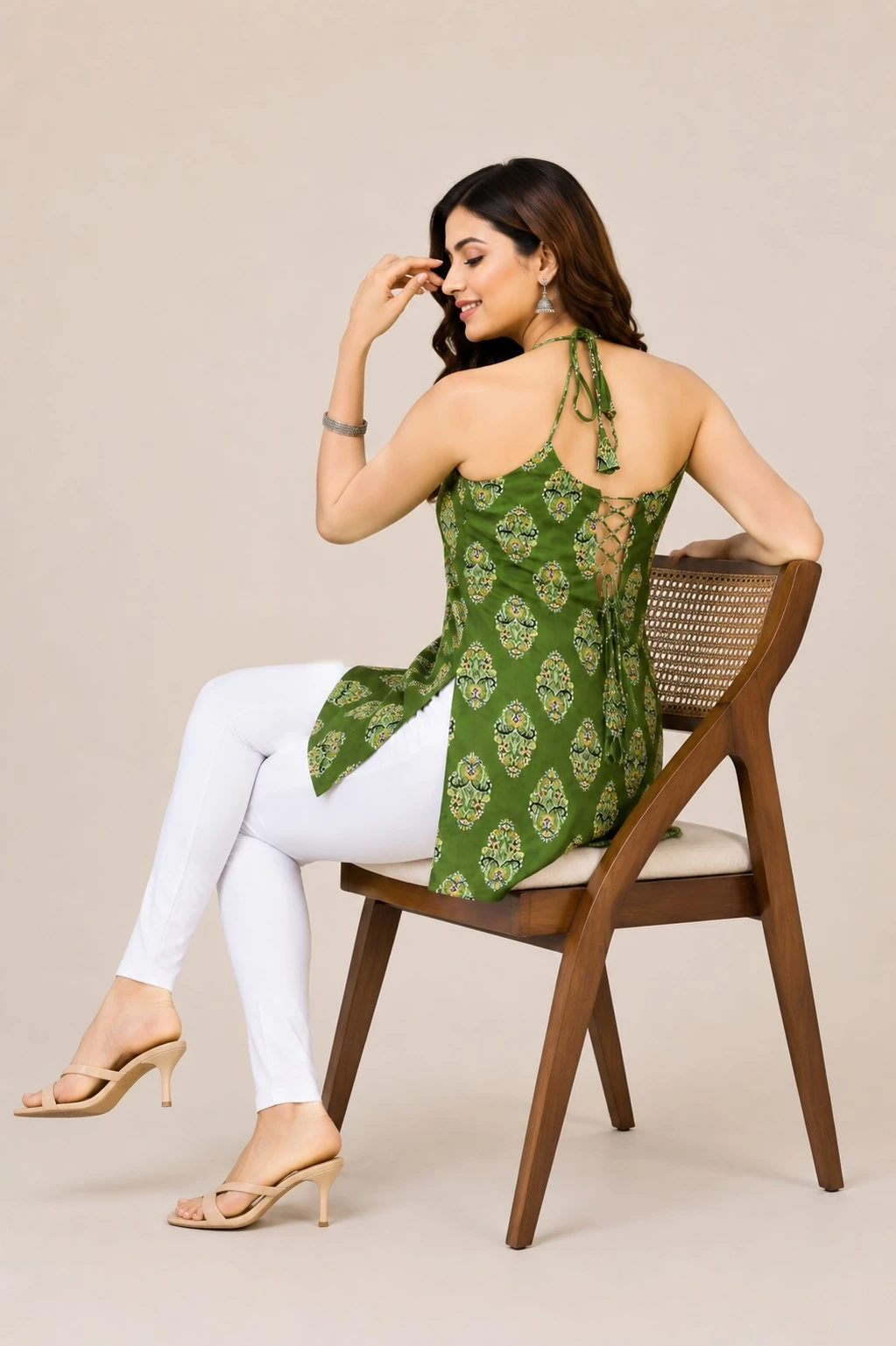 Green Floral Printed Pure Cotton Kurti