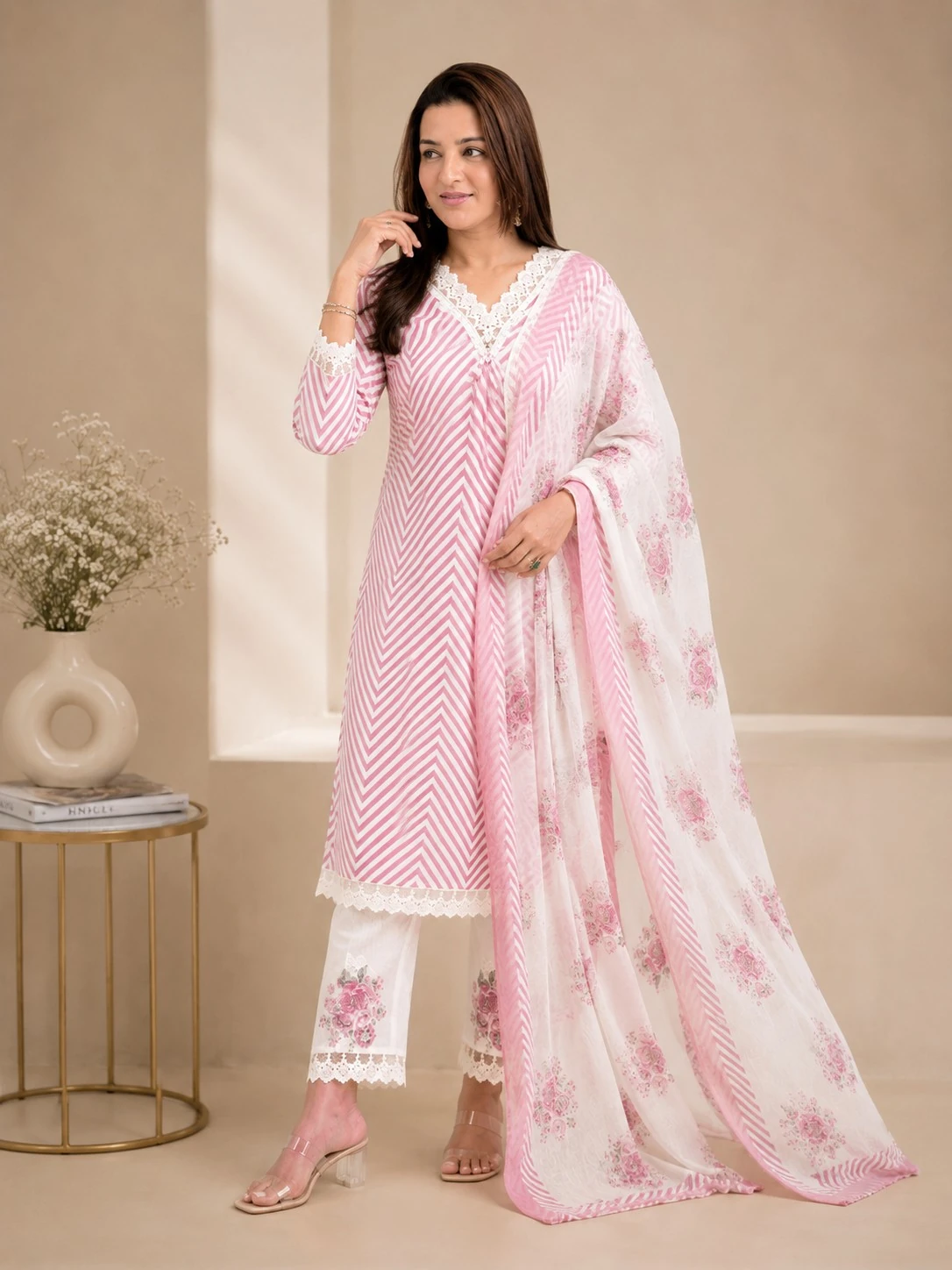 Pink Printed Pure Cotton Kurta Set with Dupatta