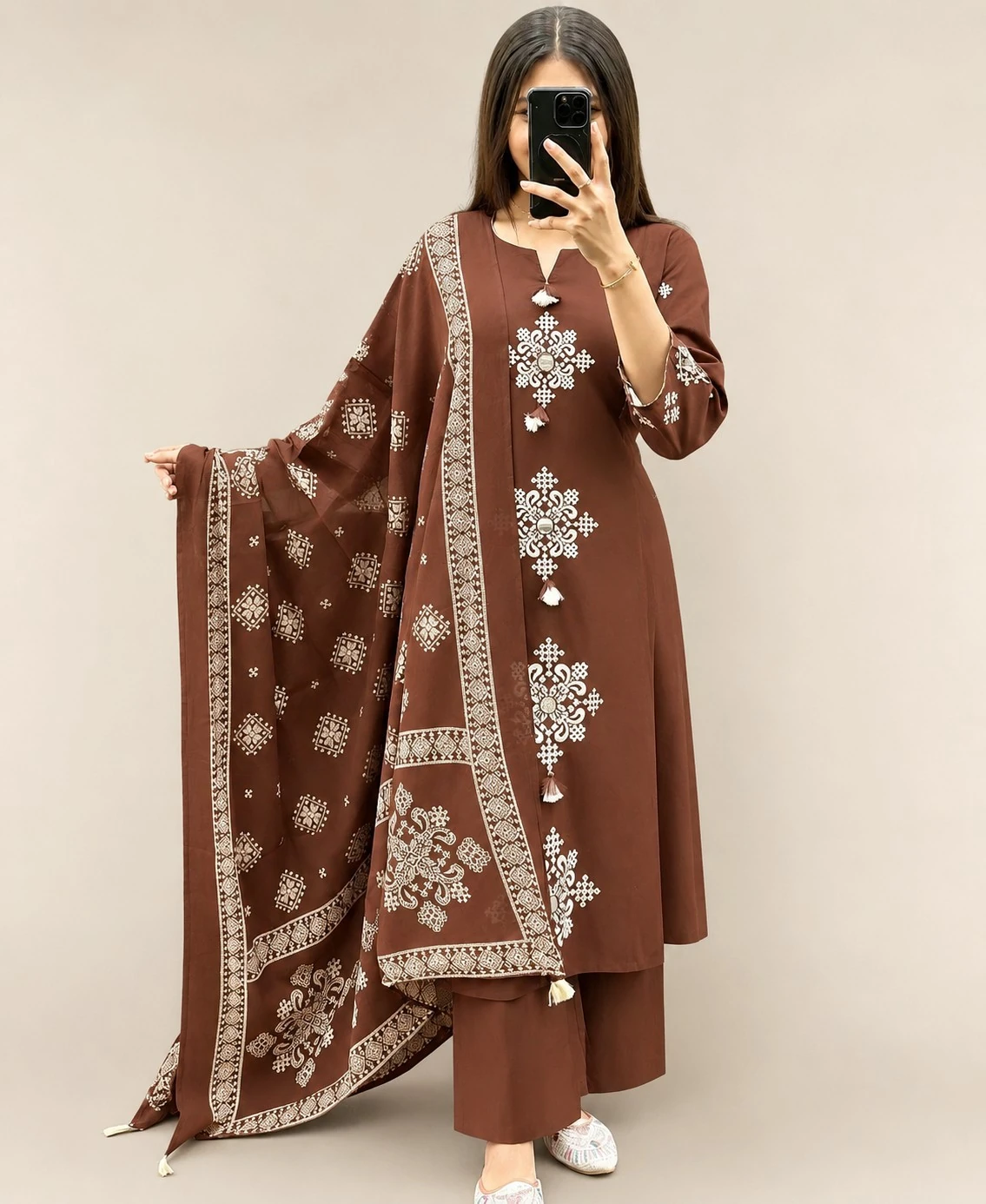 Brown Printed Pure Cotton Kurta Set with Dupatta