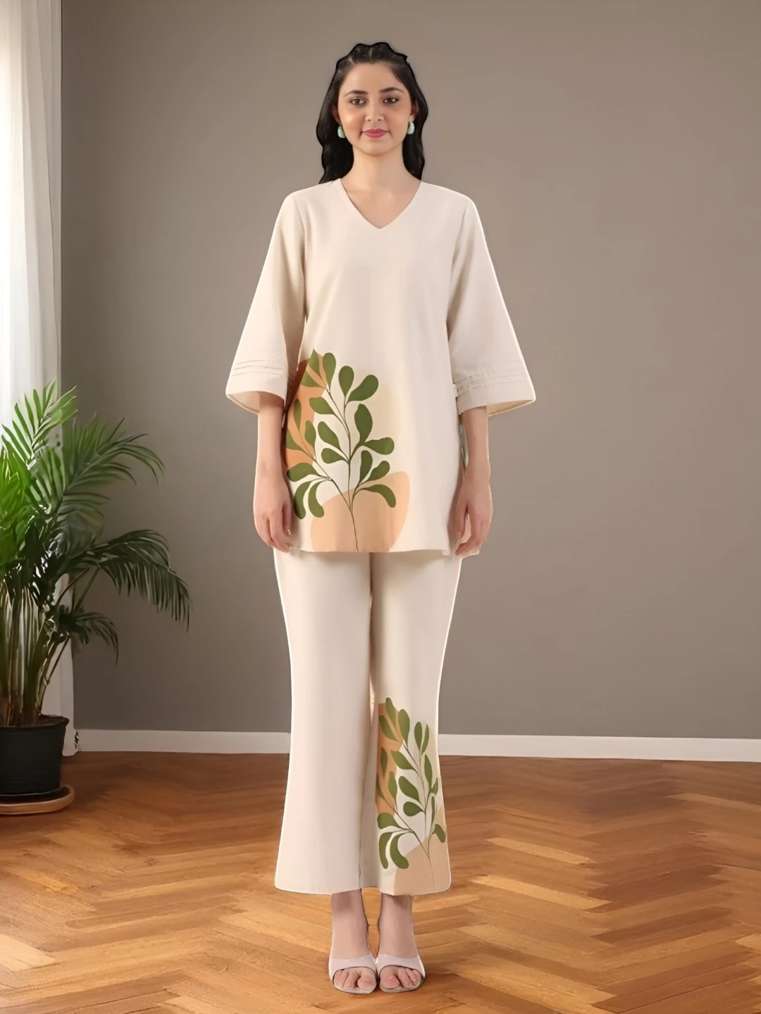 White Printed Cotton Tunic and Trouser Co-Ord Set