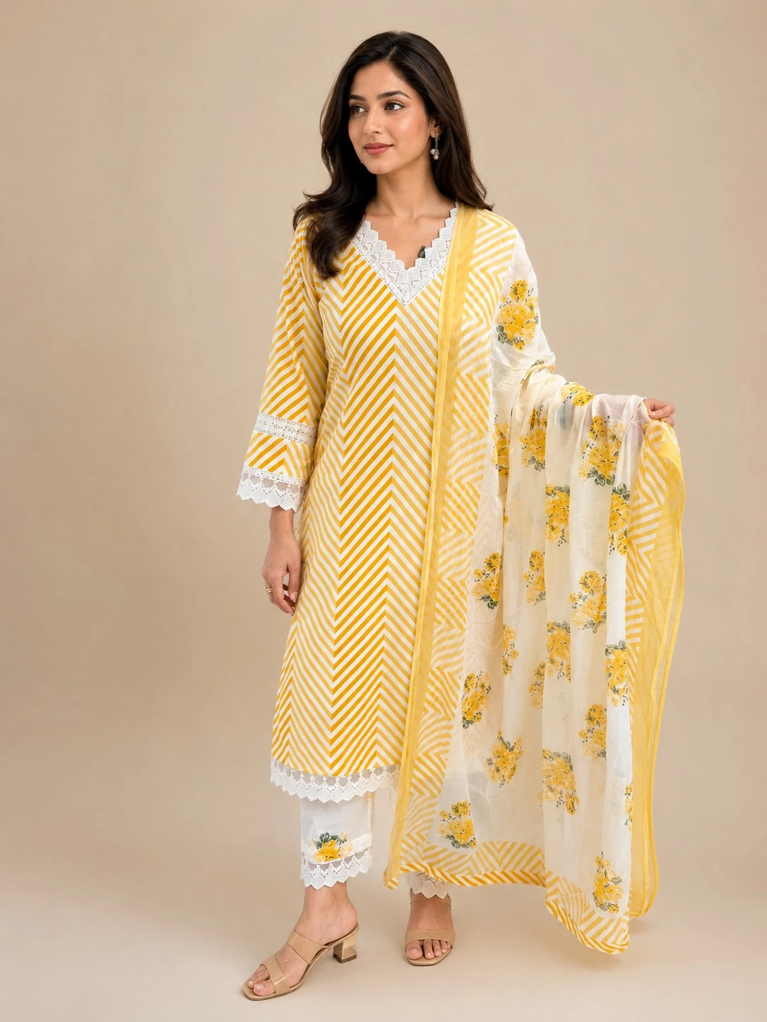 Yellow Printed Pure Cotton Kurta Set with Dupatta