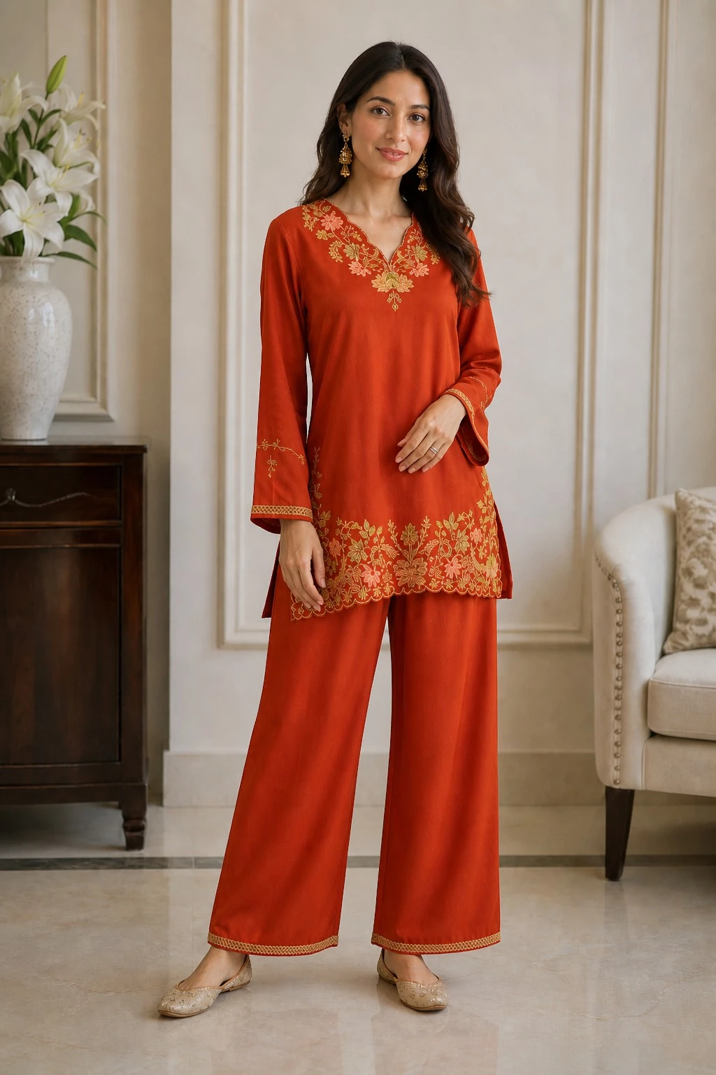 Rust Embroidered Cotton Co-Ord Set