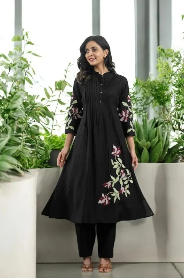 Black Embroidered Cotton Co-Ord Set