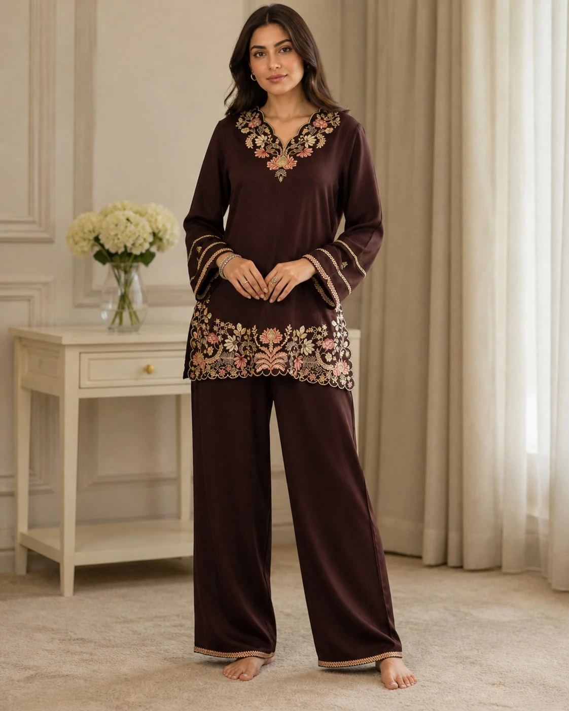 Brown Embroidered Cotton Co-Ord Set