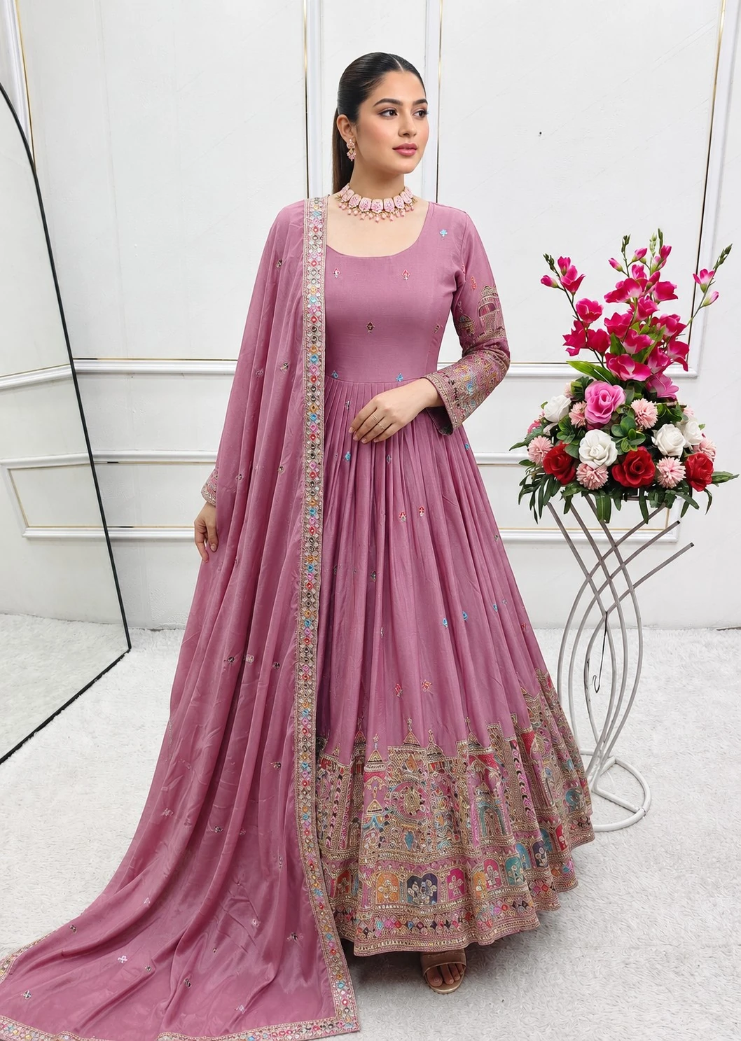 Lavender Floral Printed Georgette Anarkali Gown Set