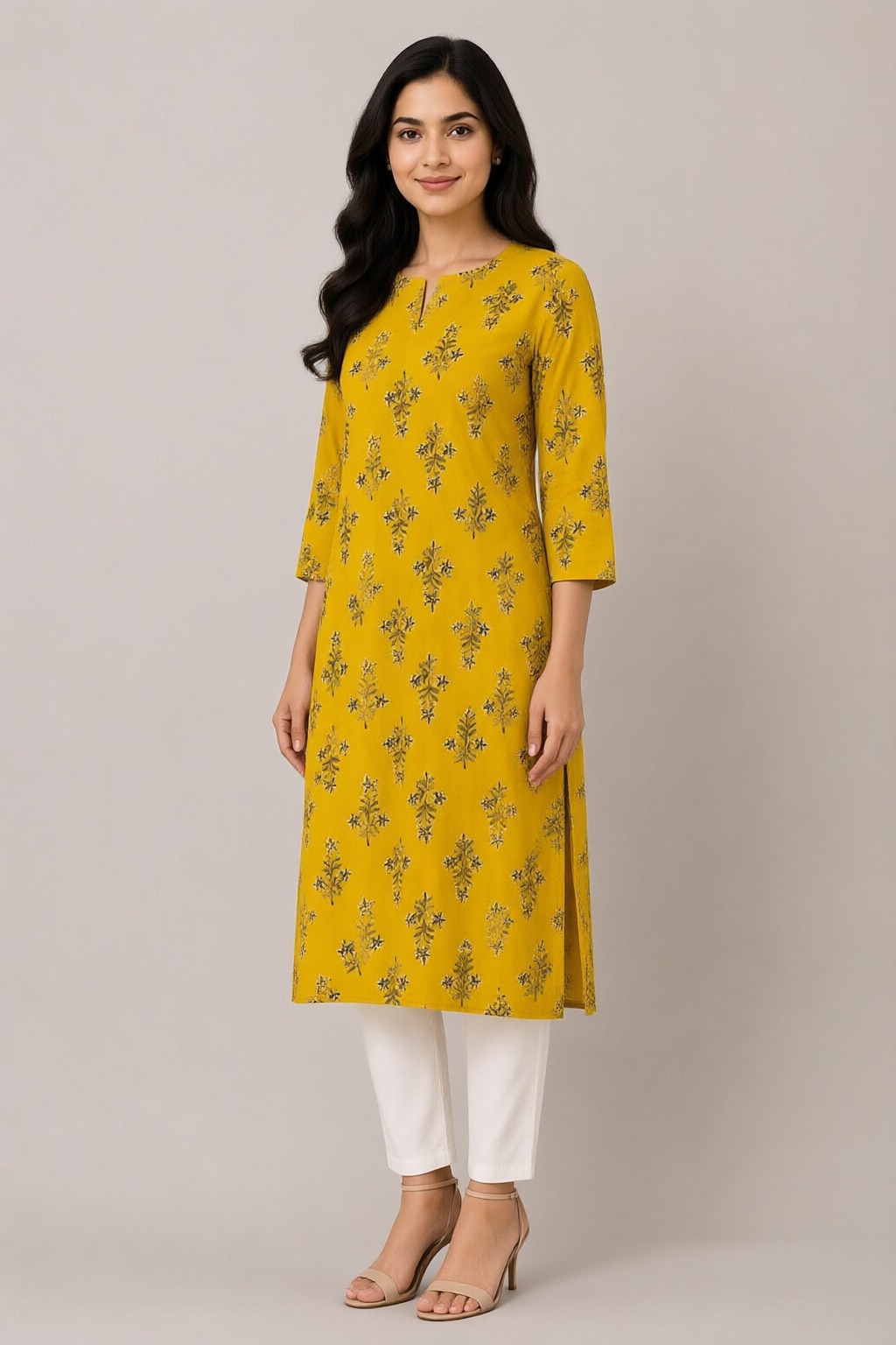 Women's Cotton Straight Kurti Mustard Yellow – Buti Print with Mirror Work — view 2