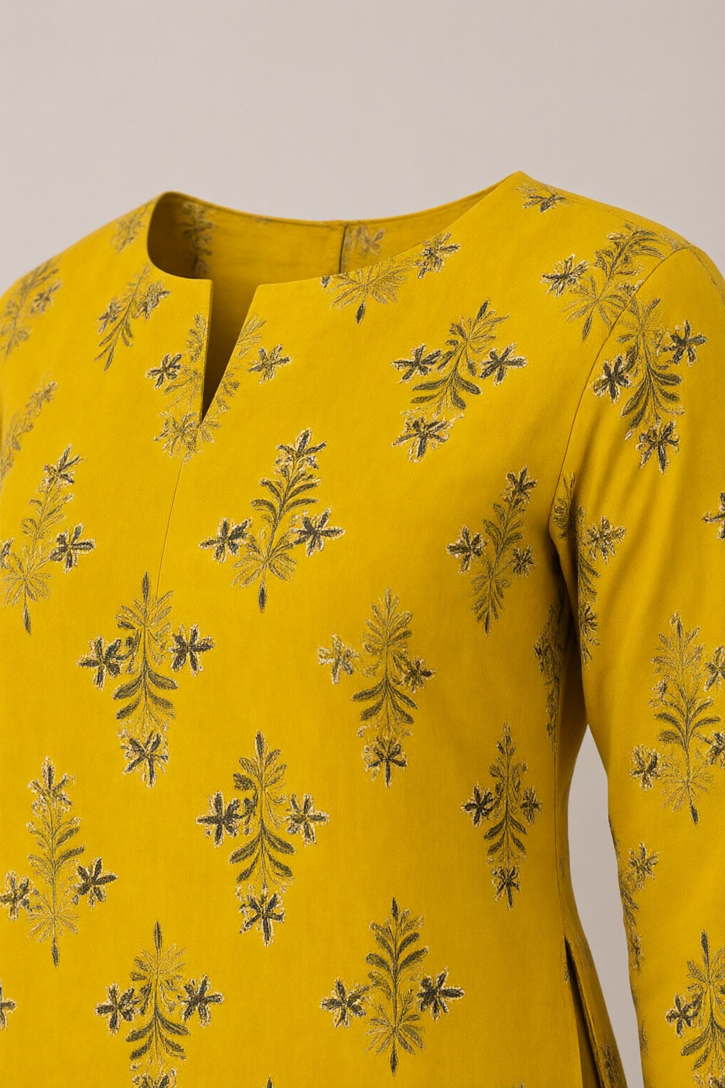 Women's Cotton Straight Kurti Mustard Yellow – Buti Print with Mirror Work — view 3