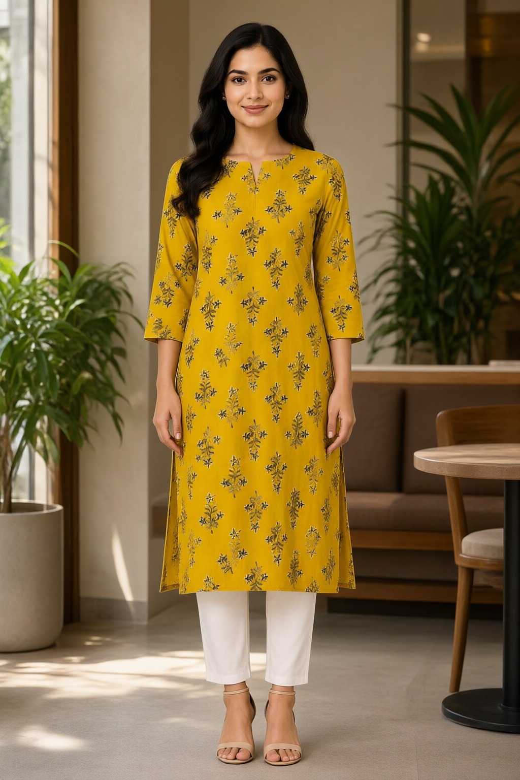 Women's Cotton Straight Kurti Mustard Yellow – Buti Print with Mirror Work — view 4