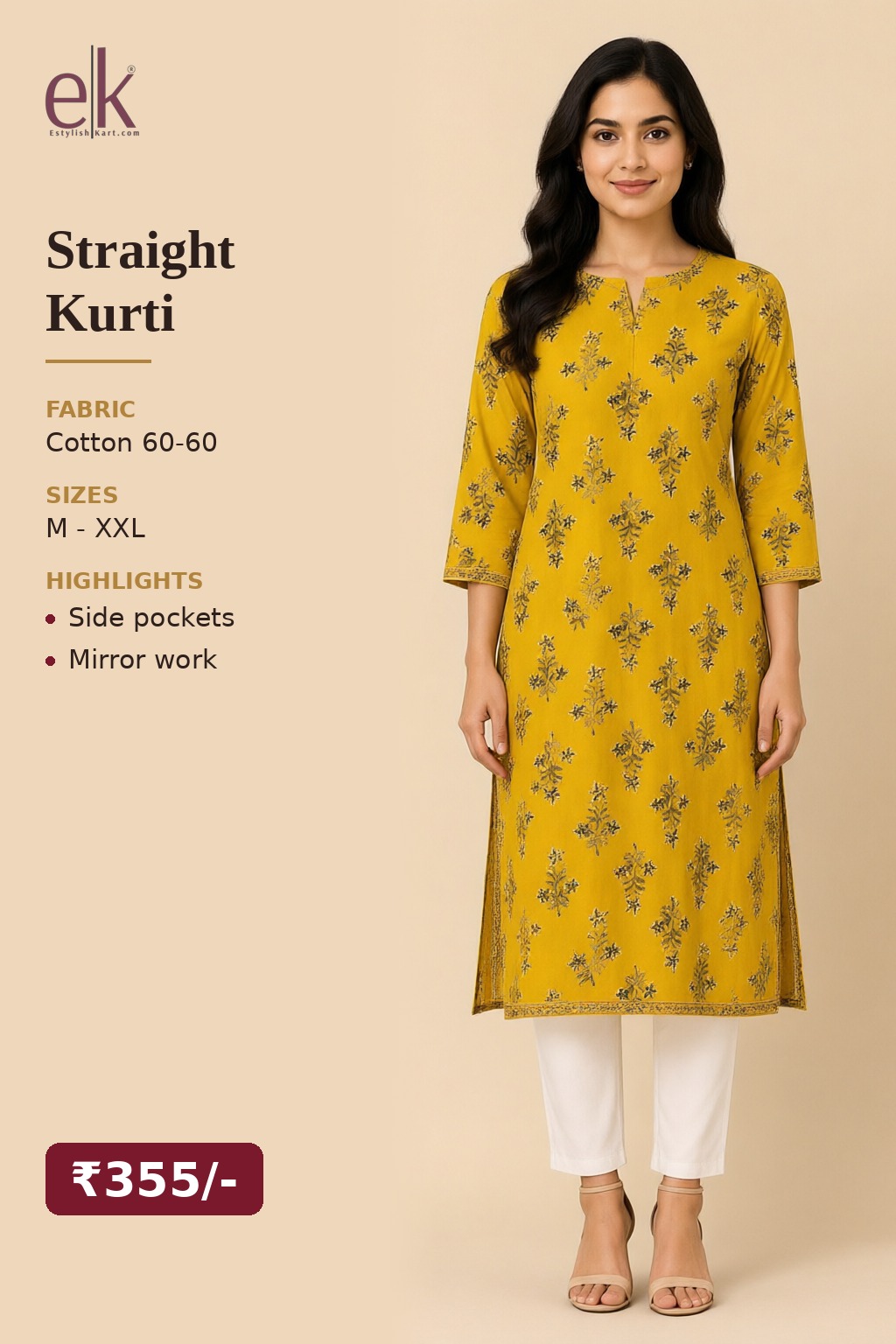 Women's Cotton Straight Kurti Mustard Yellow – Buti Print with Mirror Work — view 5