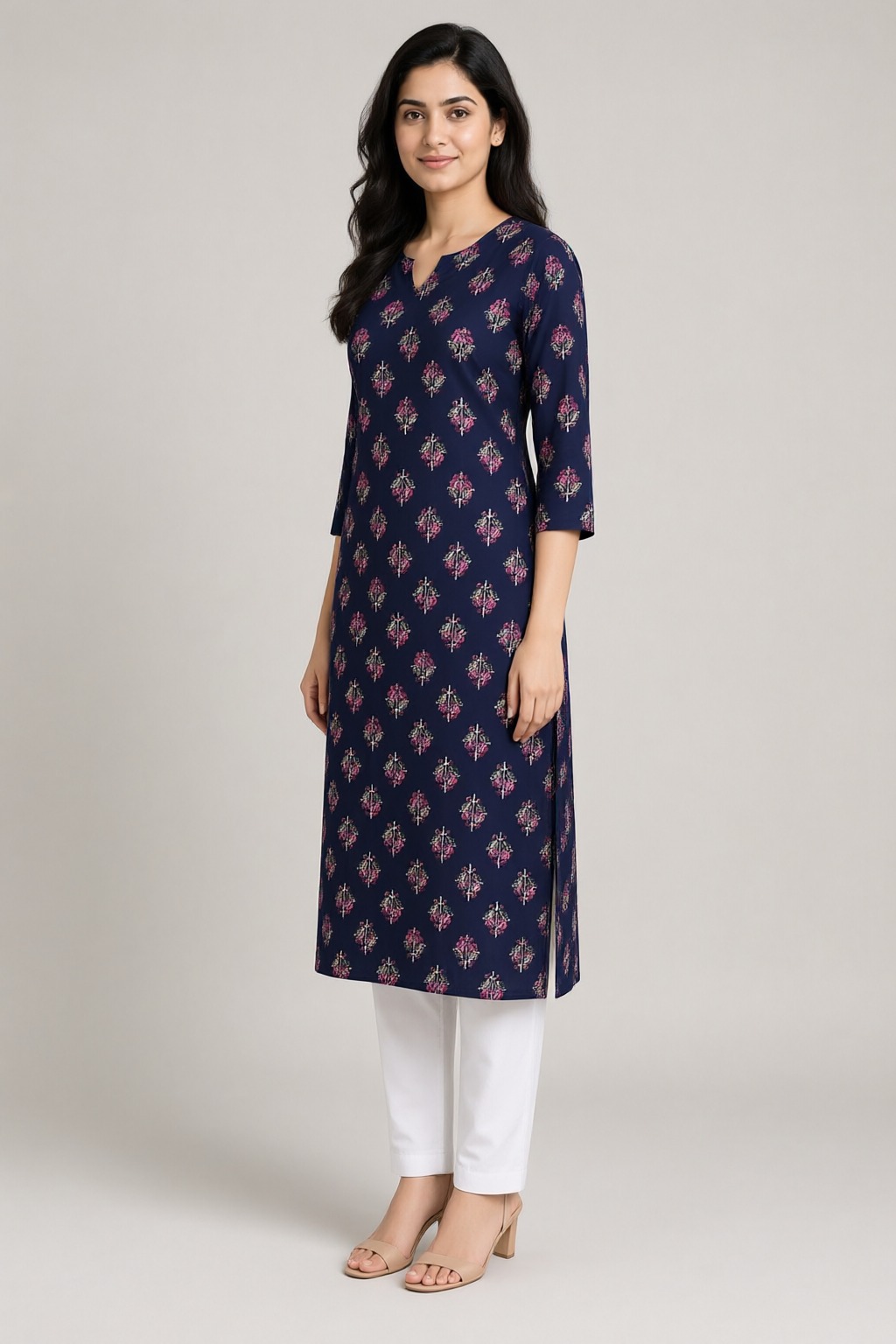 Women's Cotton Straight Kurti Navy Blue – Floral Buti Print with Mirror Work — view 2