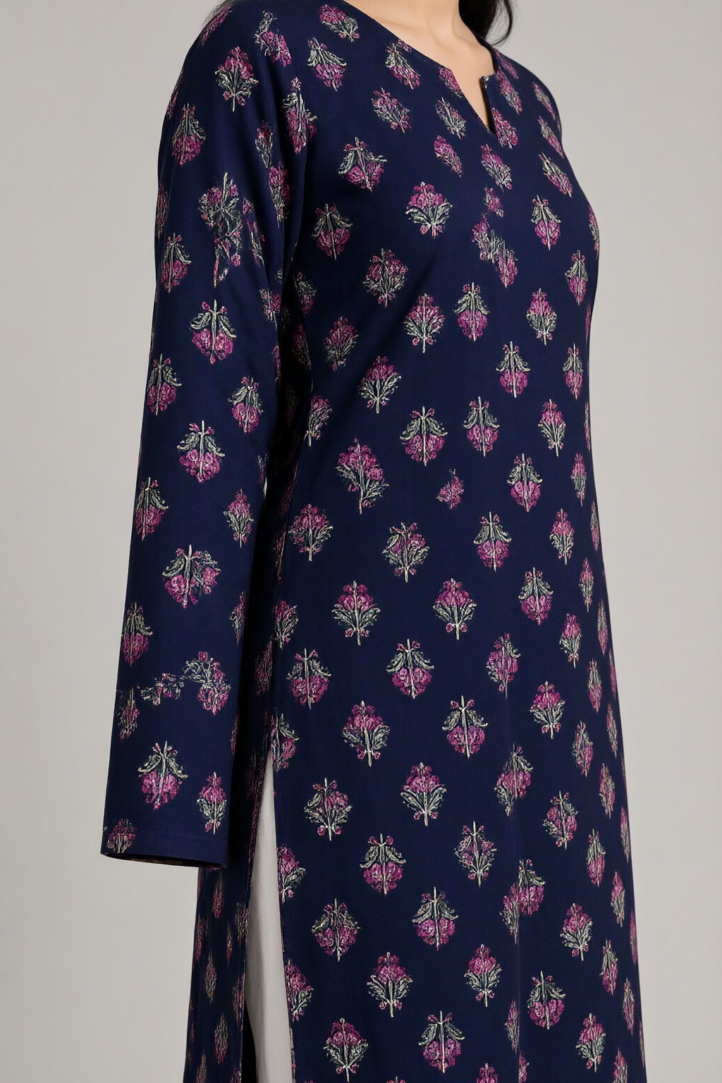 Women's Cotton Straight Kurti Navy Blue – Floral Buti Print with Mirror Work — view 3