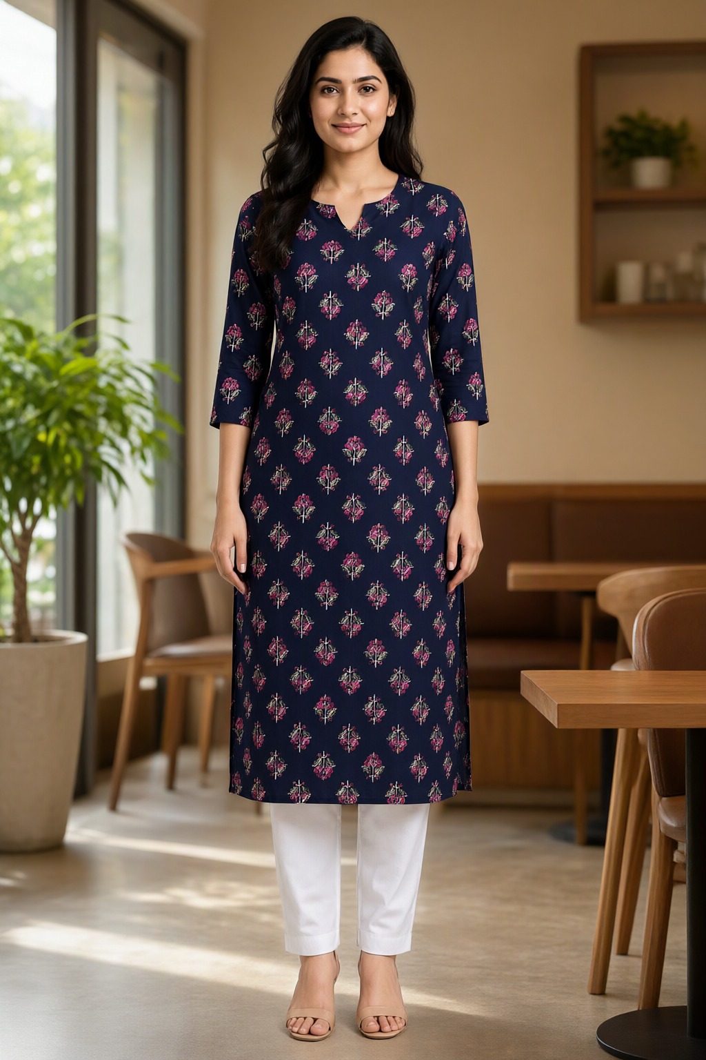 Women's Cotton Straight Kurti Navy Blue – Floral Buti Print with Mirror Work — view 4