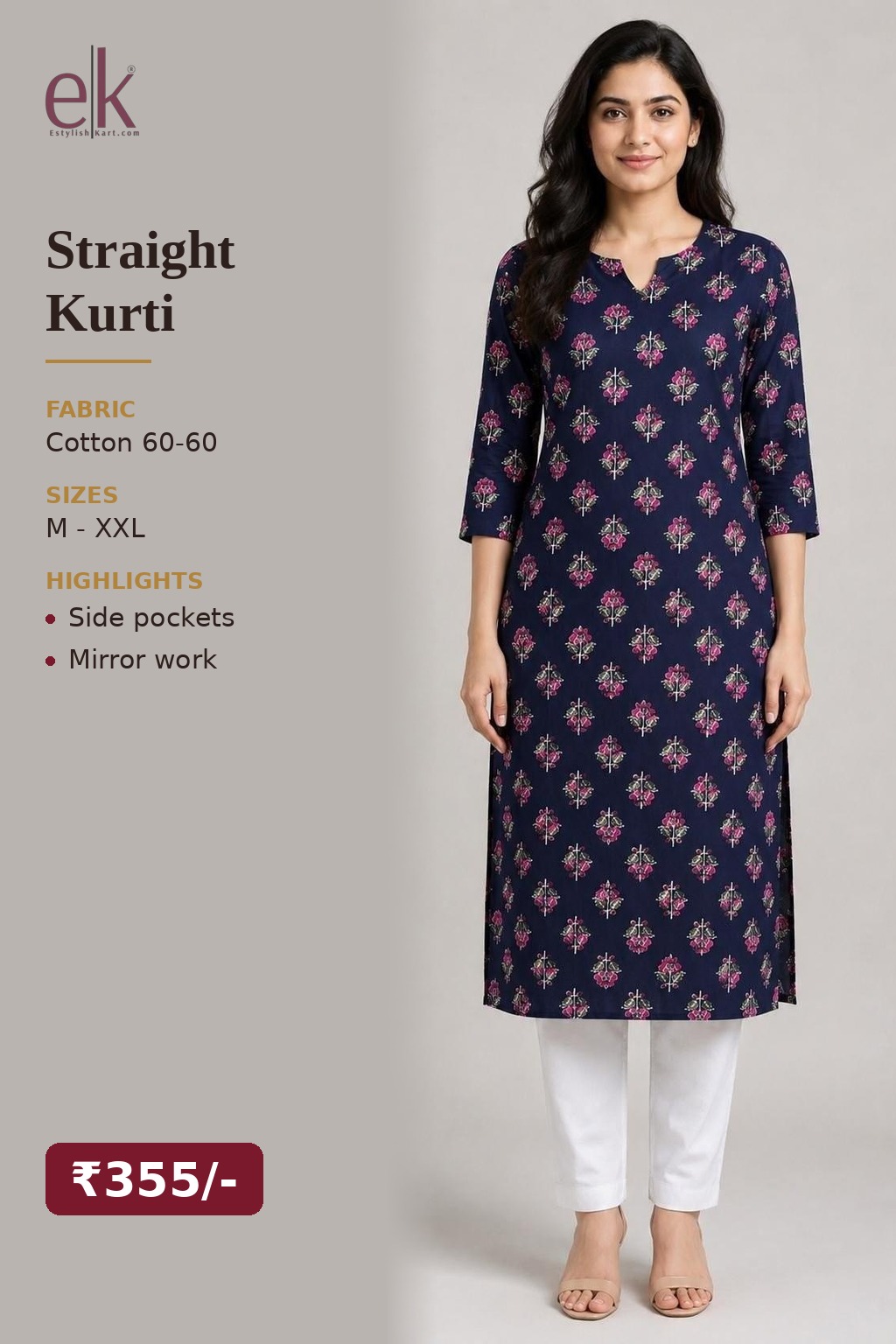 Women's Cotton Straight Kurti Navy Blue – Floral Buti Print with Mirror Work — view 5