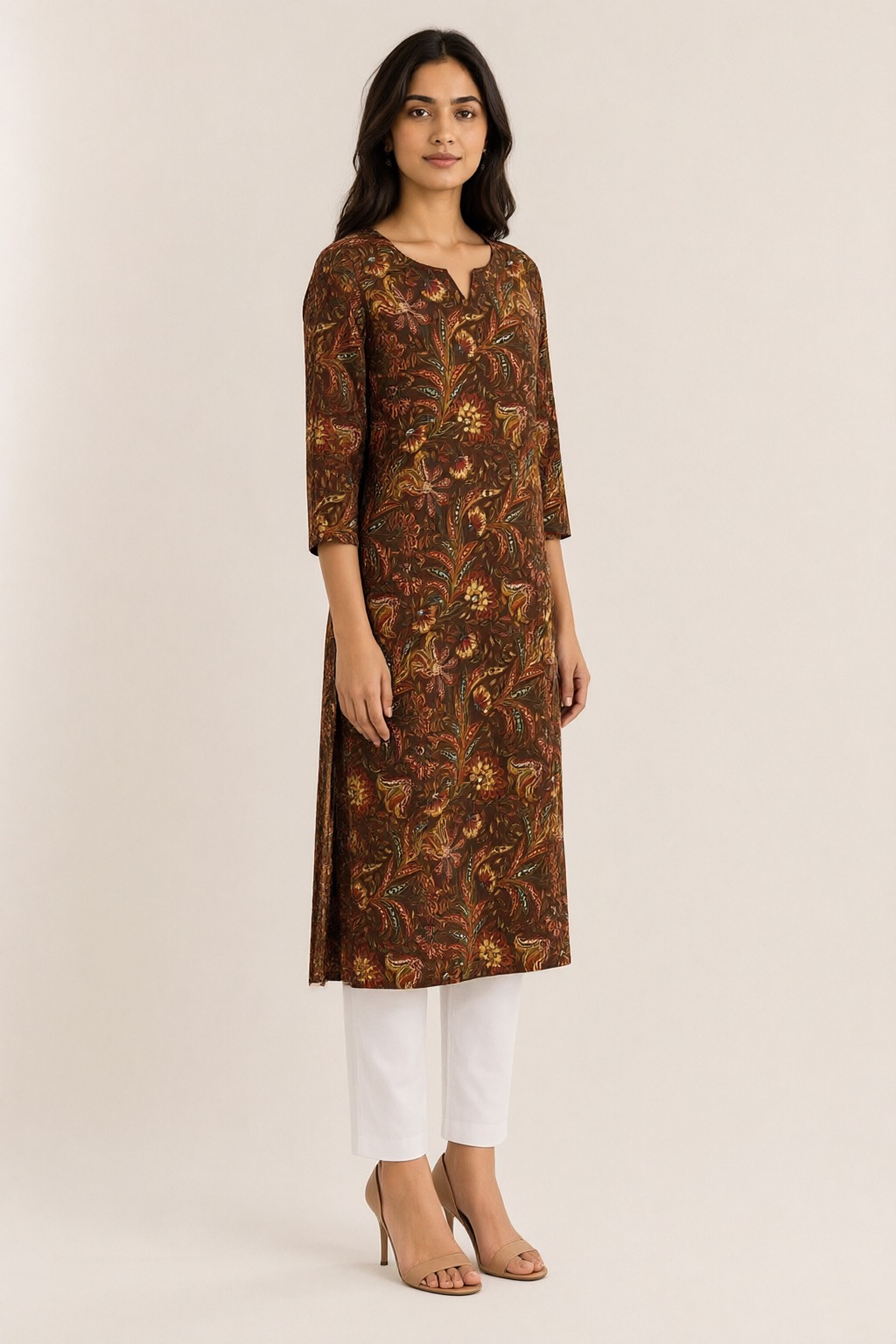 Women's Cotton Straight Kurti Brown – Paisley Print with Mirror Work — view 2