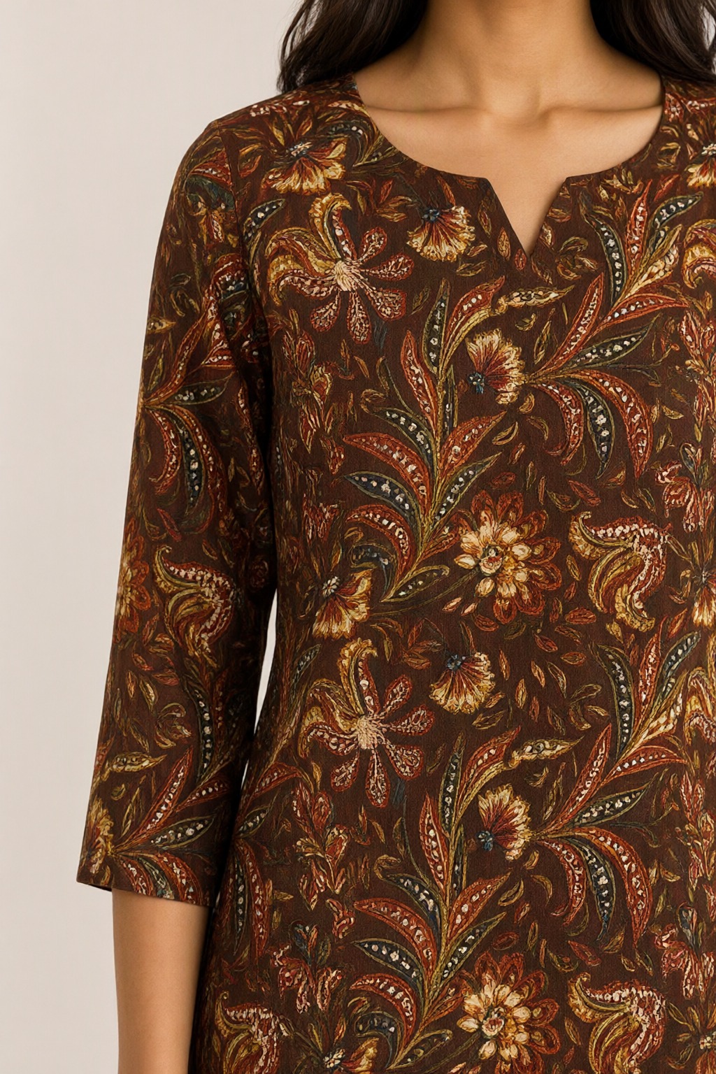 Women's Cotton Straight Kurti Brown – Paisley Print with Mirror Work — view 3