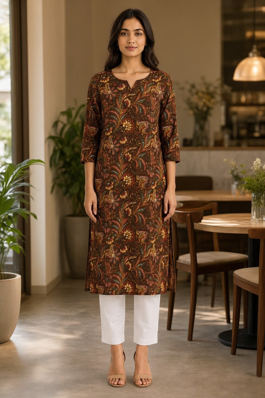 Women's Cotton Straight Kurti Brown – Paisley Print with Mirror Work — view 4