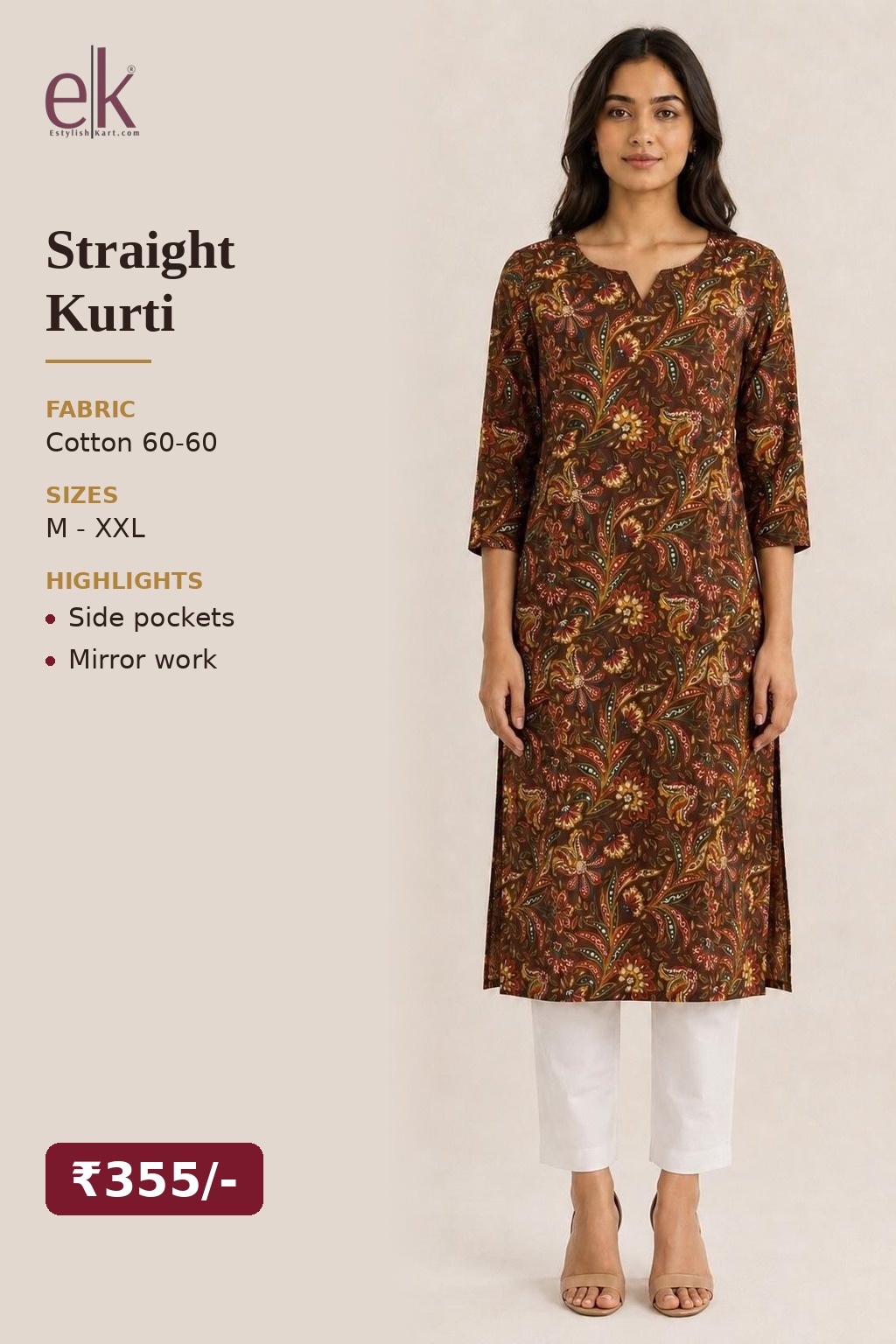 Women's Cotton Straight Kurti Brown – Paisley Print with Mirror Work — view 5
