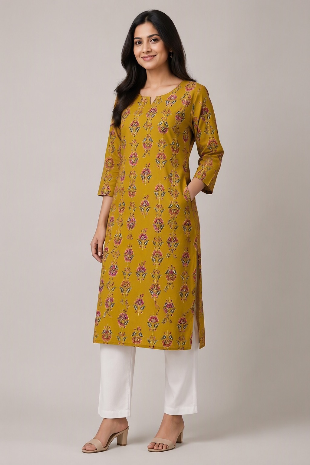 Women's Cotton Straight Kurti Mustard – Floral Buti Print with Mirror Work — view 2