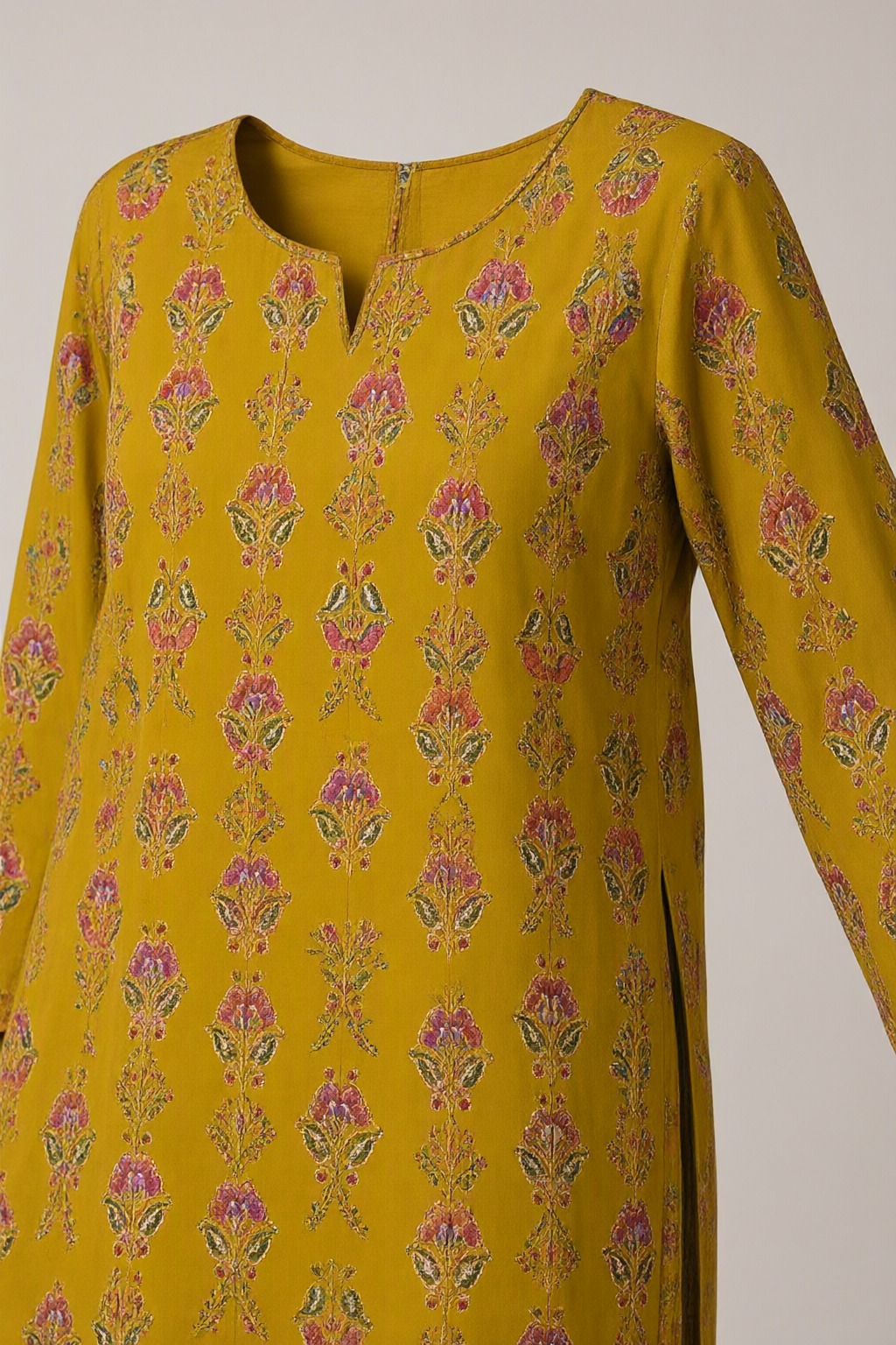 Women's Cotton Straight Kurti Mustard – Floral Buti Print with Mirror Work — view 3