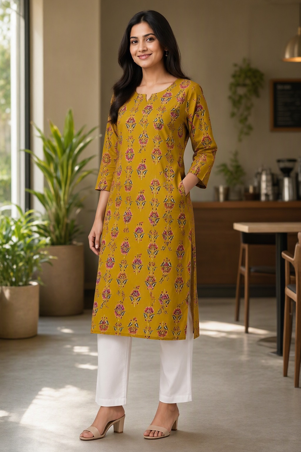 Women's Cotton Straight Kurti Mustard – Floral Buti Print with Mirror Work — view 4