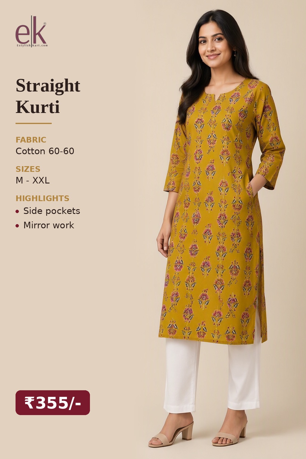Women's Cotton Straight Kurti Mustard – Floral Buti Print with Mirror Work — view 5