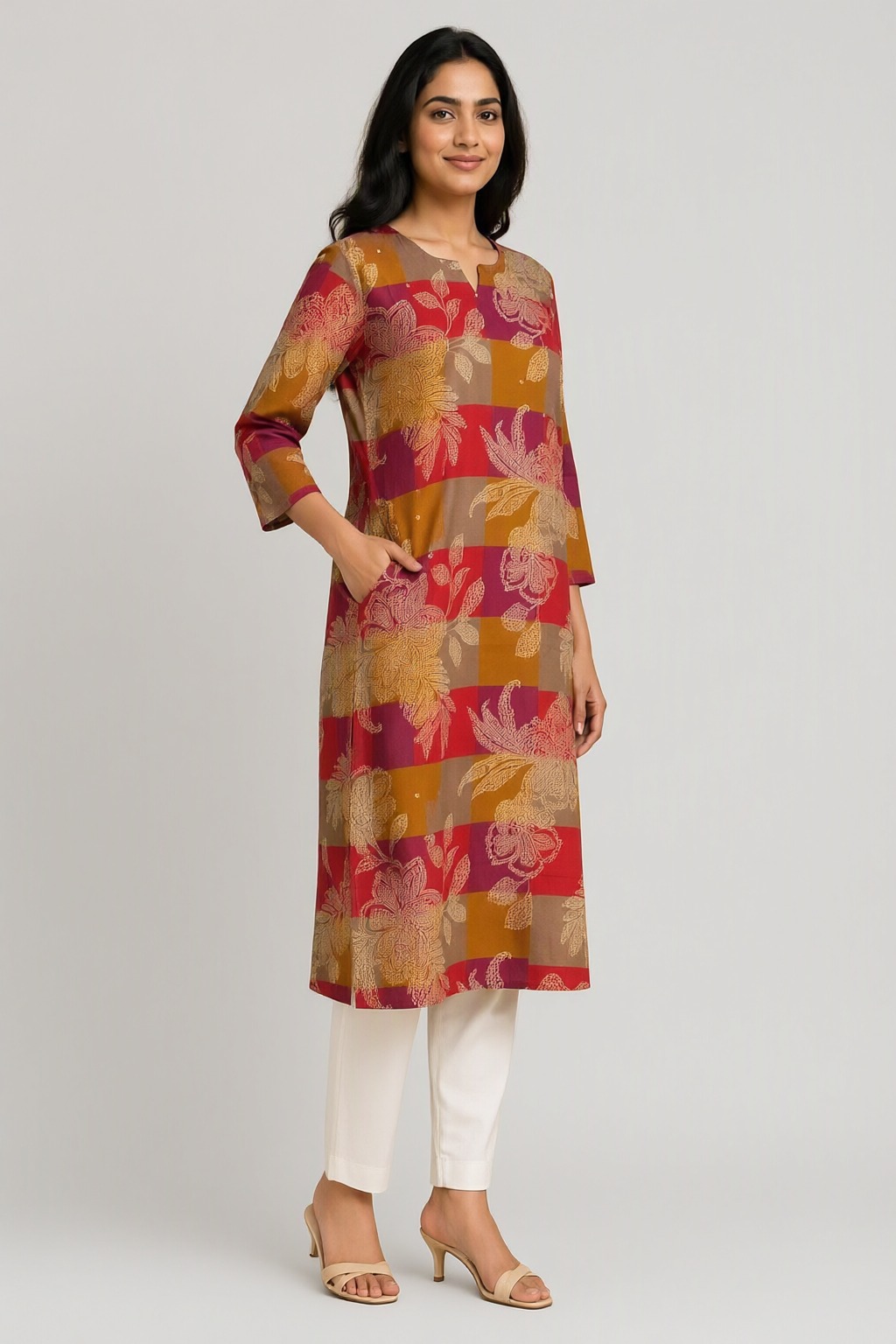 Women's Cotton Straight Kurti Red – Patchwork Floral Print with Mirror Work — view 2