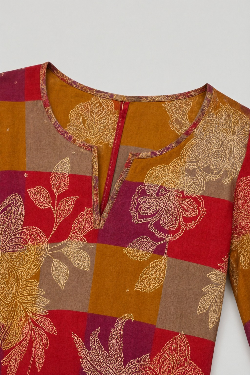 Women's Cotton Straight Kurti Red – Patchwork Floral Print with Mirror Work — view 3