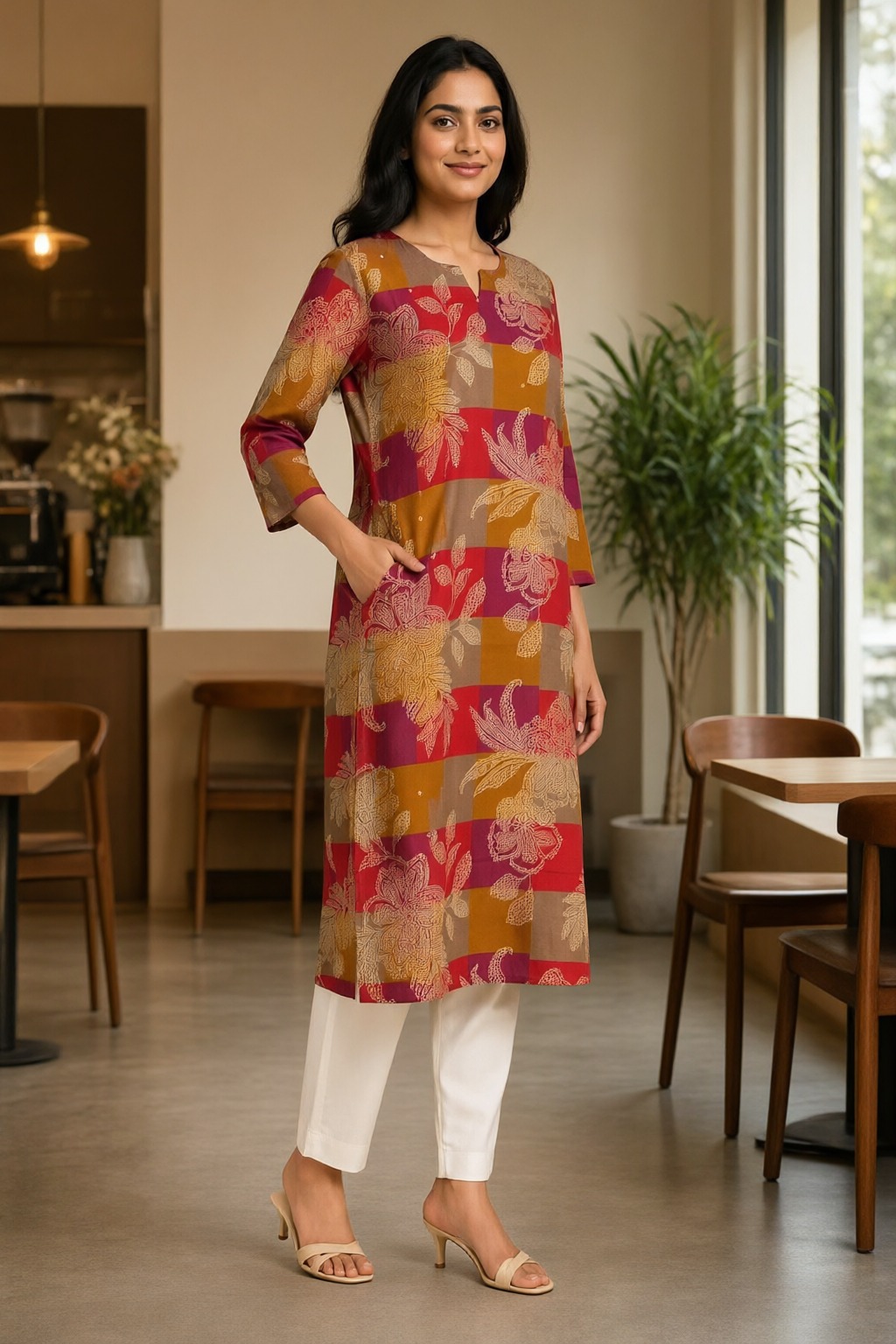 Women's Cotton Straight Kurti Red – Patchwork Floral Print with Mirror Work — view 4