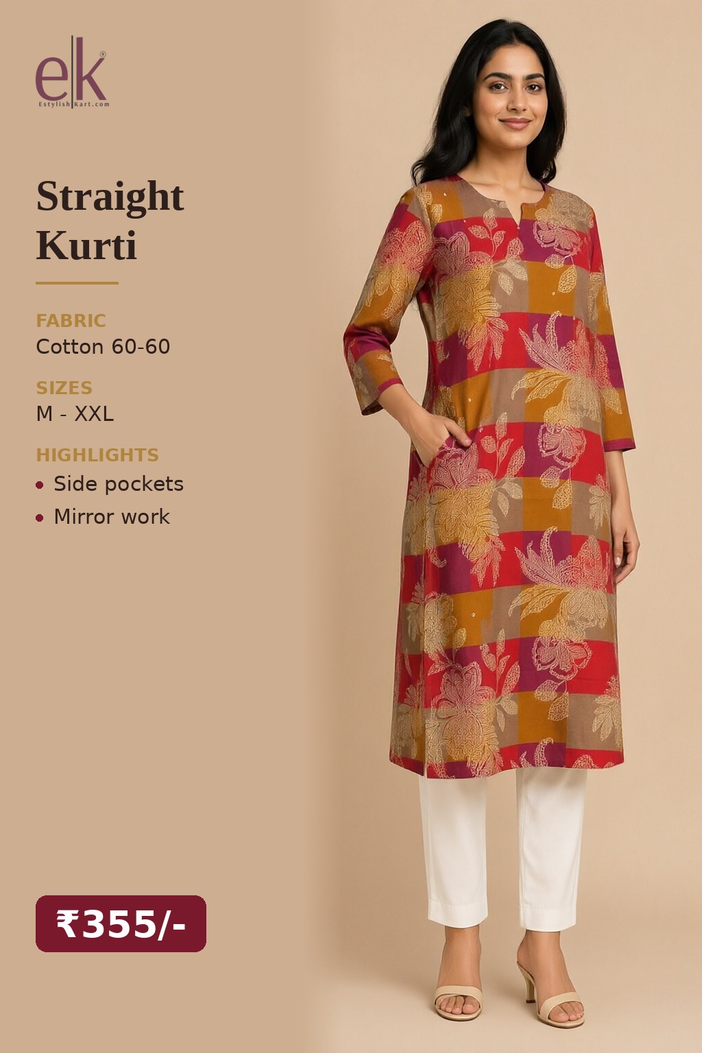 Women's Cotton Straight Kurti Red – Patchwork Floral Print with Mirror Work — view 5