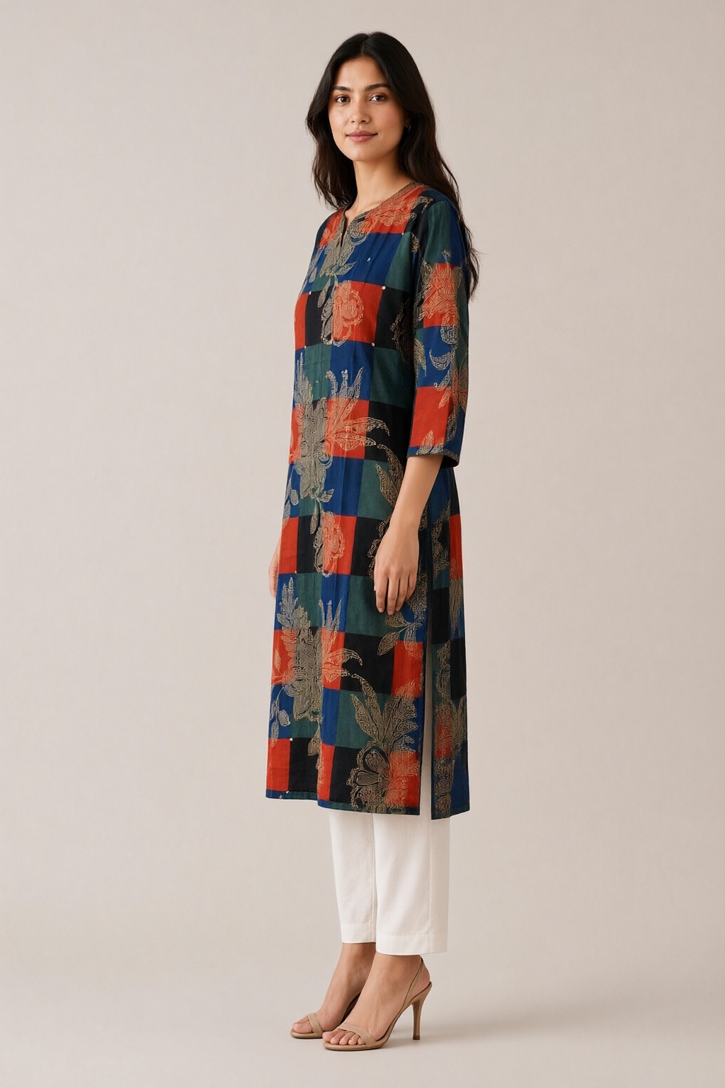 Women's Cotton Straight Kurti Navy Blue – Patchwork Floral Print with Mirror Work — view 2