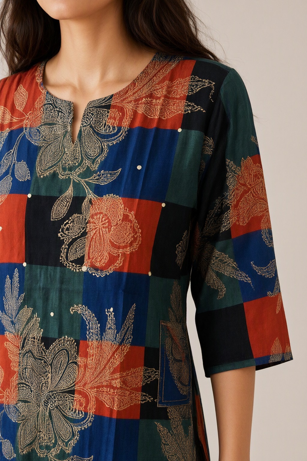 Women's Cotton Straight Kurti Navy Blue – Patchwork Floral Print with Mirror Work — view 3