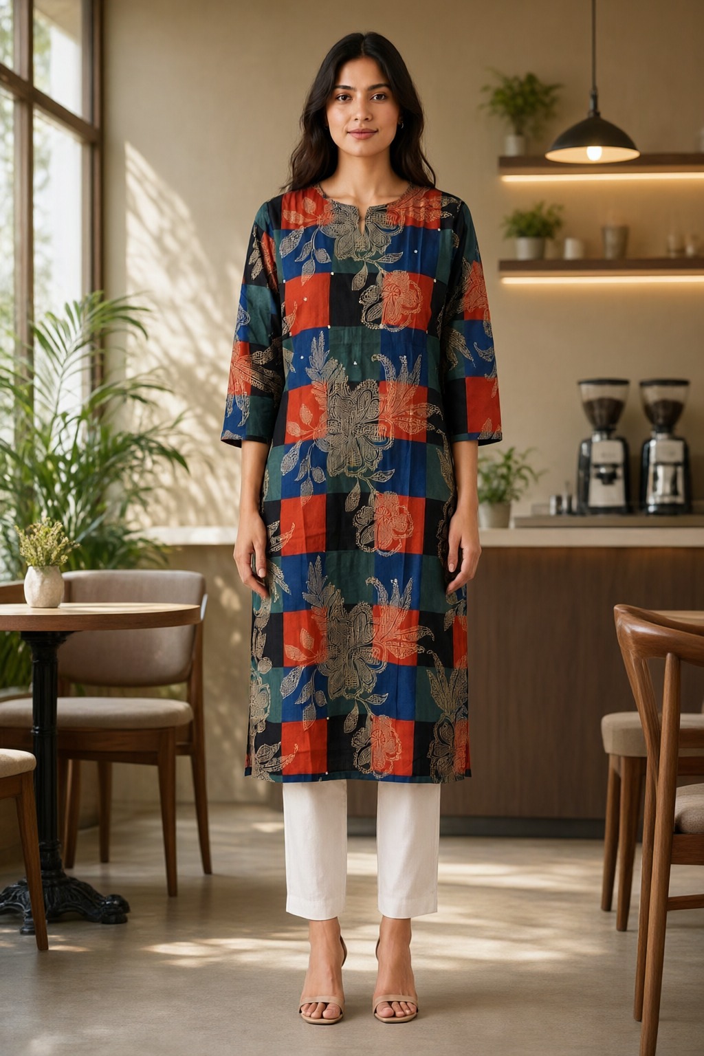 Women's Cotton Straight Kurti Navy Blue – Patchwork Floral Print with Mirror Work — view 4