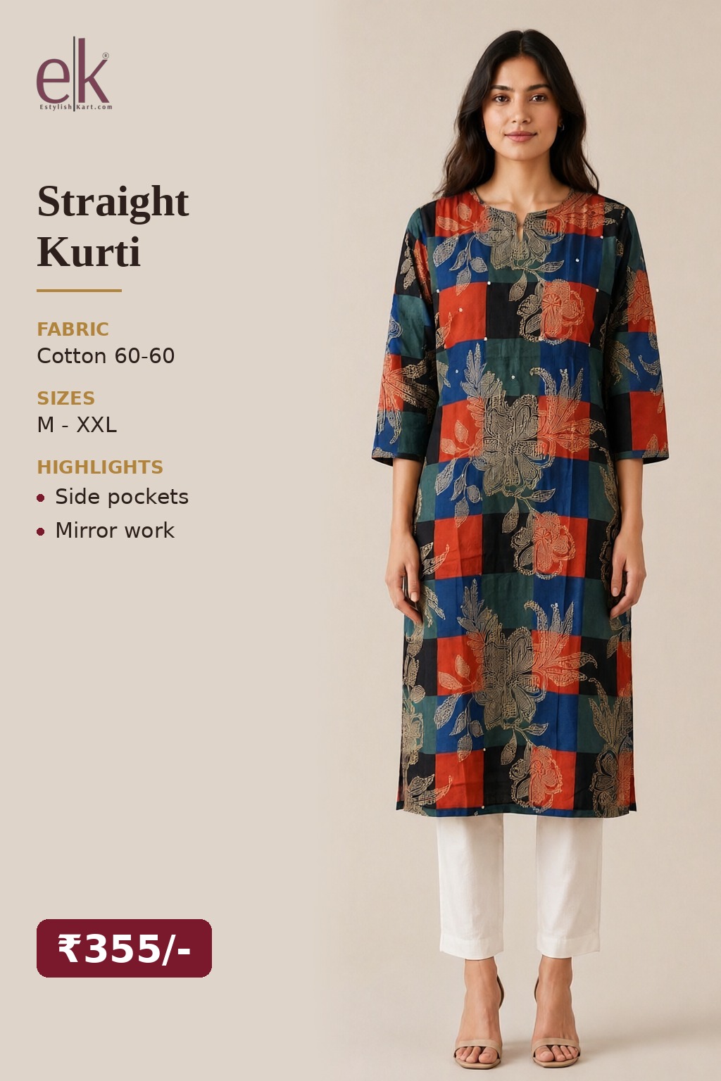 Women's Cotton Straight Kurti Navy Blue – Patchwork Floral Print with Mirror Work — view 5