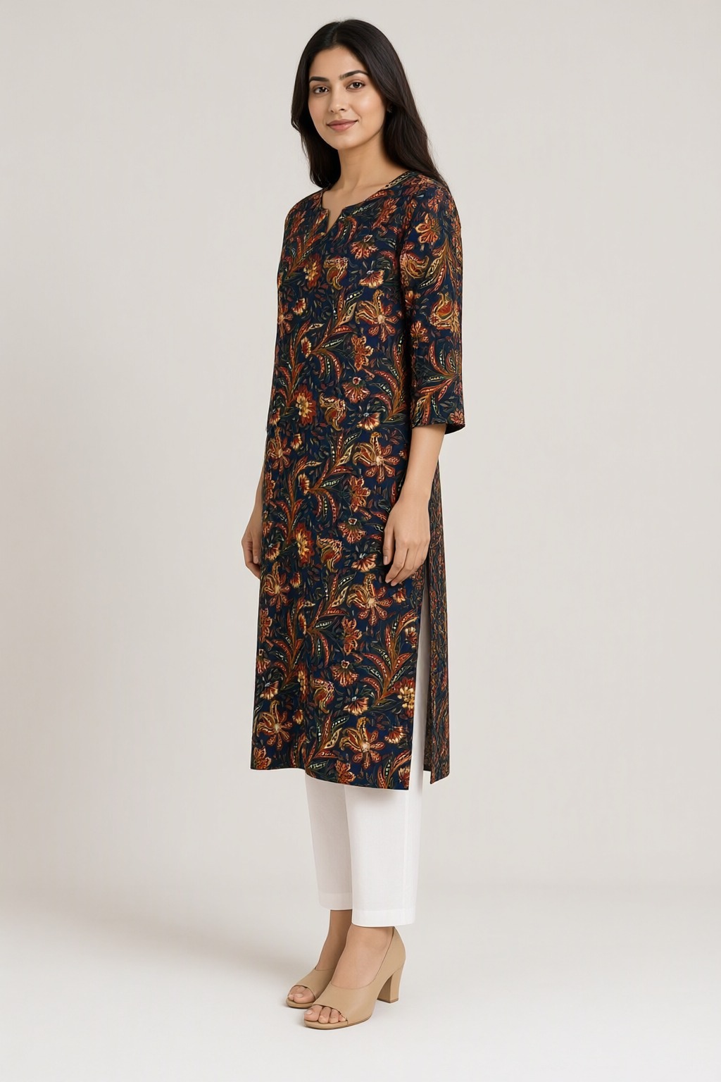 Women's Cotton Straight Kurti Black – Paisley Print with Mirror Work — view 2