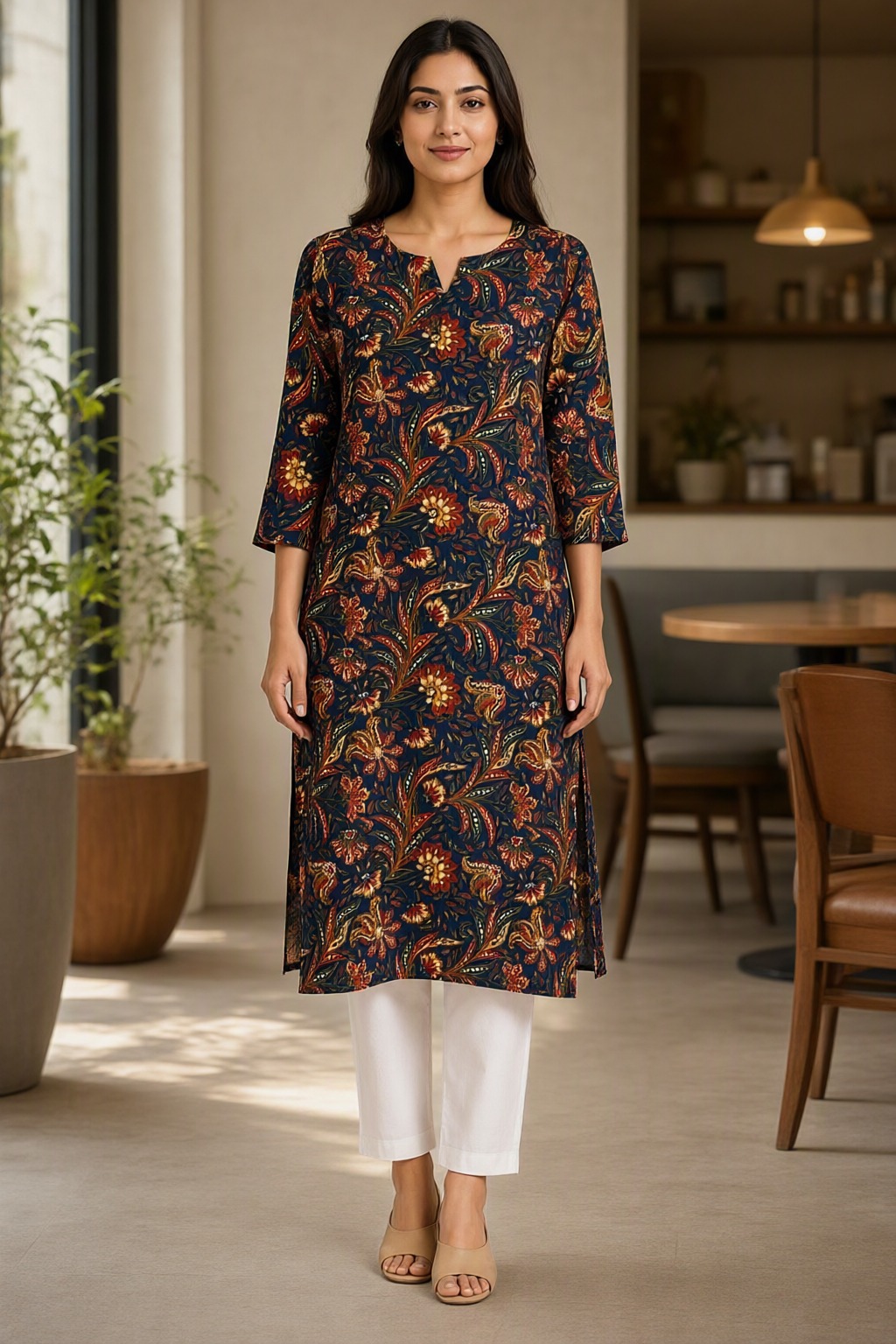 Women's Cotton Straight Kurti Black – Paisley Print with Mirror Work — view 4