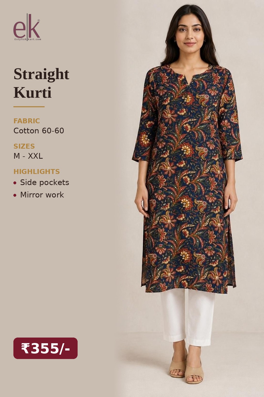 Women's Cotton Straight Kurti Black – Paisley Print with Mirror Work — view 5