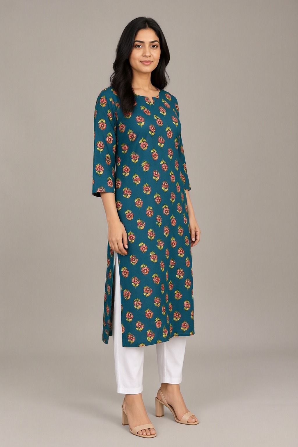 Women's Cotton Straight Kurti Teal – Floral Print with Mirror Work — view 2