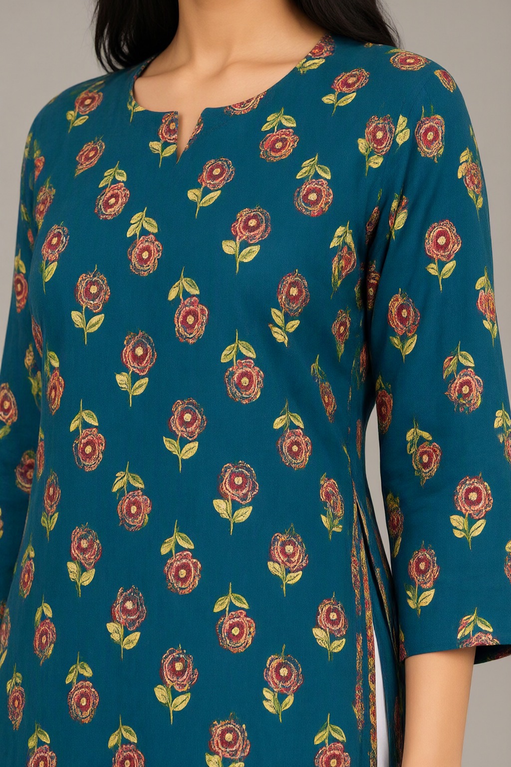 Women's Cotton Straight Kurti Teal – Floral Print with Mirror Work — view 3