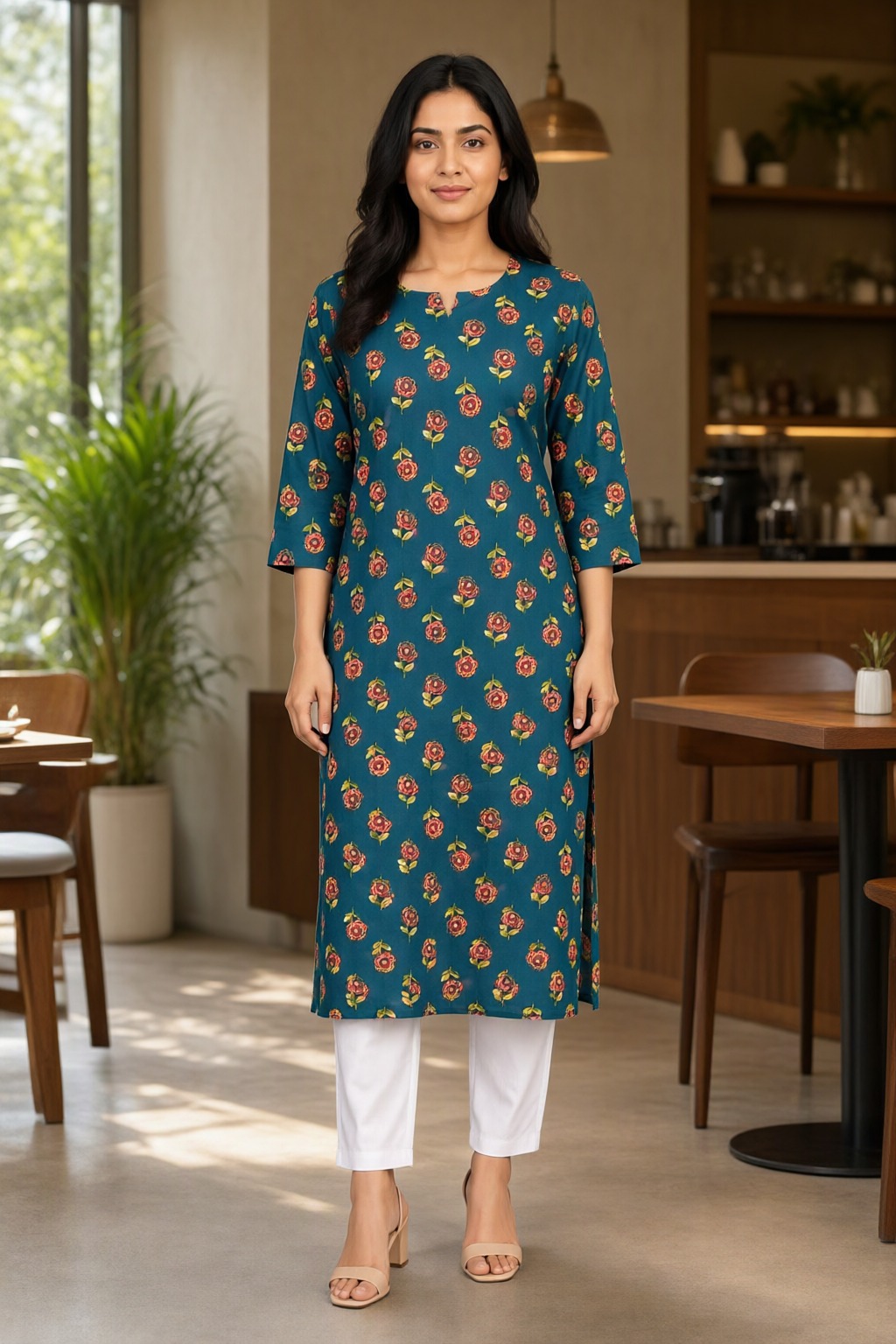 Women's Cotton Straight Kurti Teal – Floral Print with Mirror Work — view 4