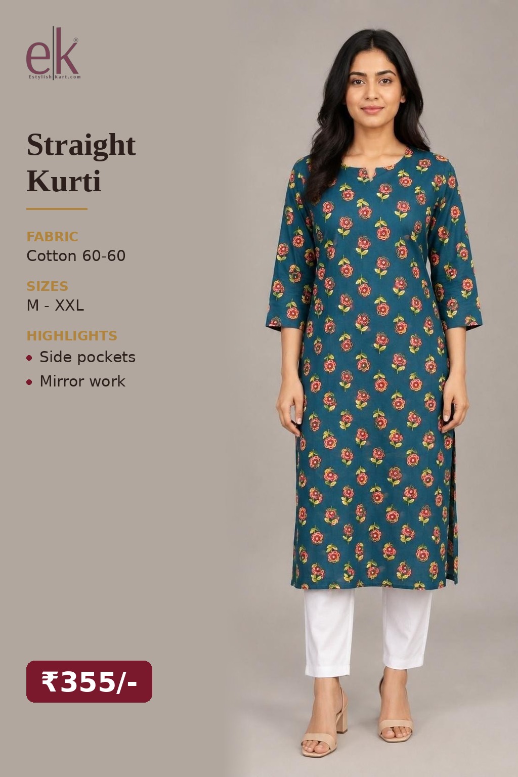 Women's Cotton Straight Kurti Teal – Floral Print with Mirror Work — view 5