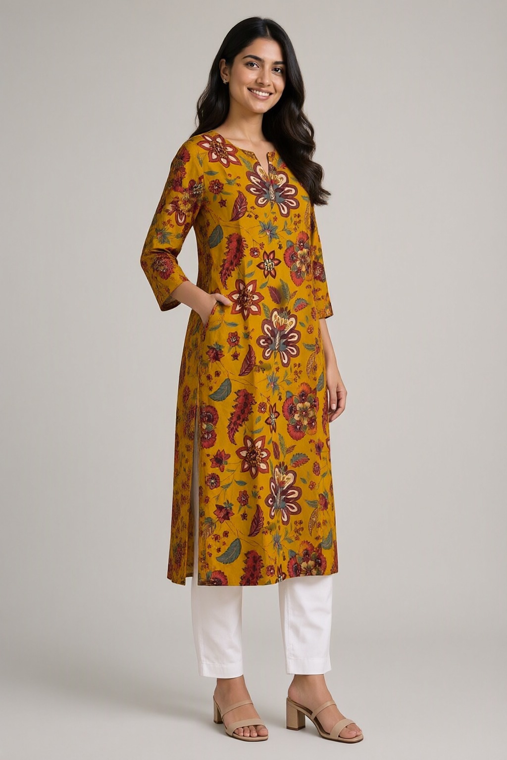 Women's Cotton Straight Kurti Mustard – Large Floral Print with Mirror Work — view 2