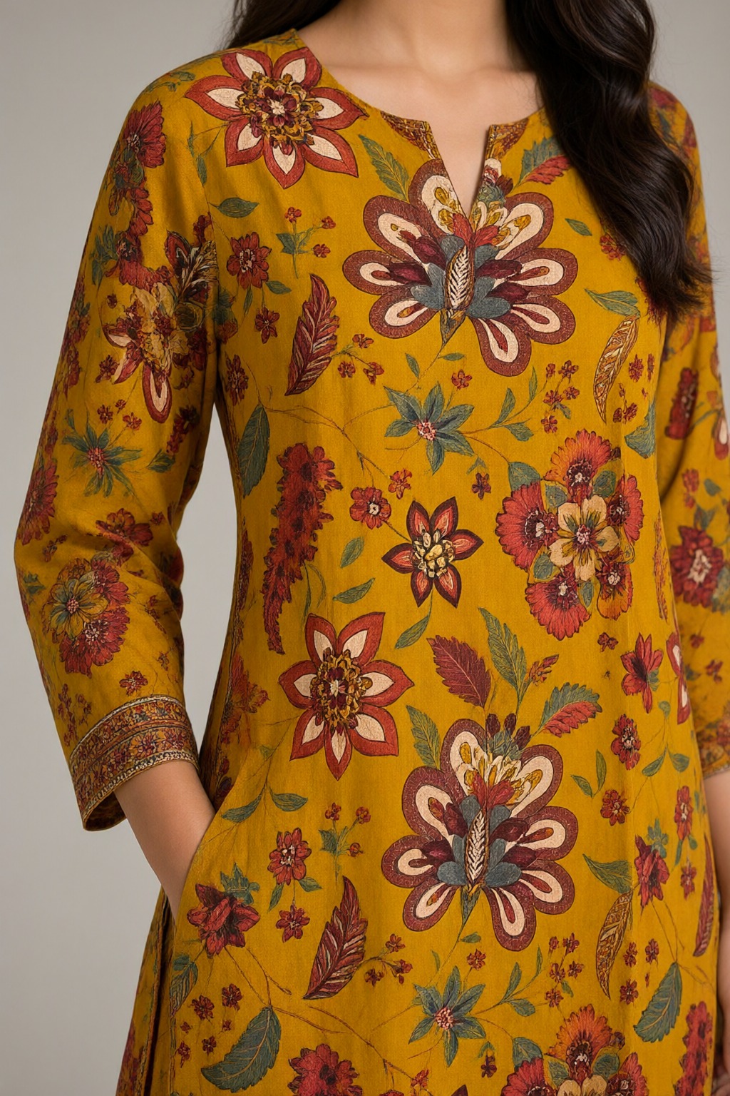Women's Cotton Straight Kurti Mustard – Large Floral Print with Mirror Work — view 3