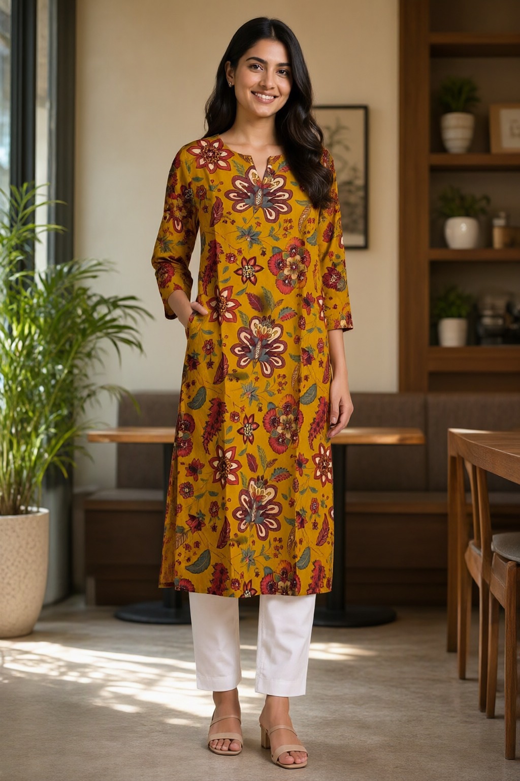Women's Cotton Straight Kurti Mustard – Large Floral Print with Mirror Work — view 4